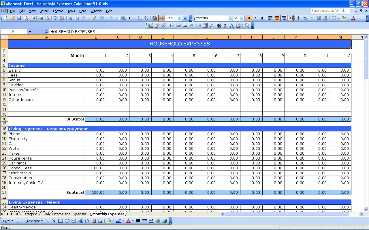 Household Expenses Excel Templates throughout measurements 1280 X 800