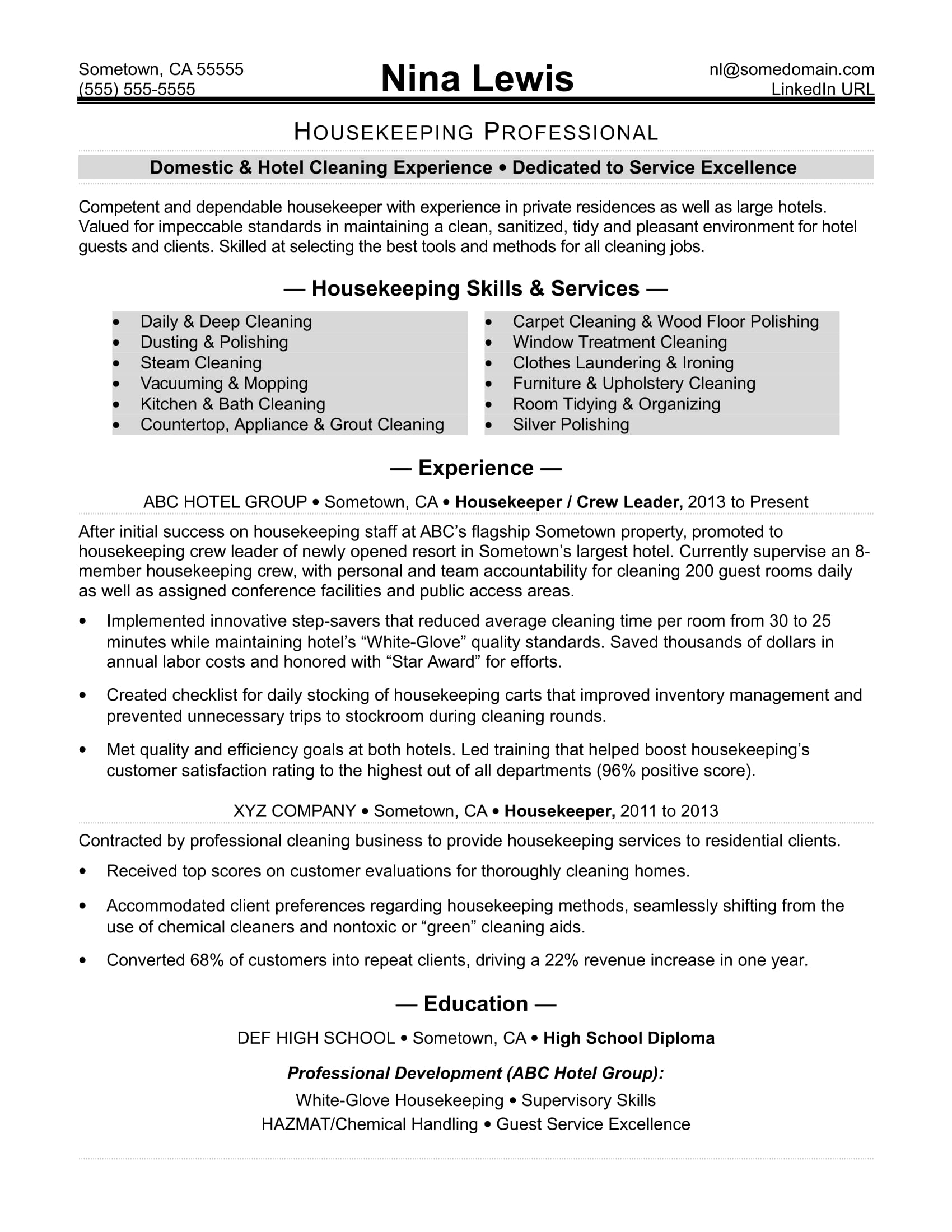 Housekeeping Resume Sample Monster in sizing 1700 X 2200