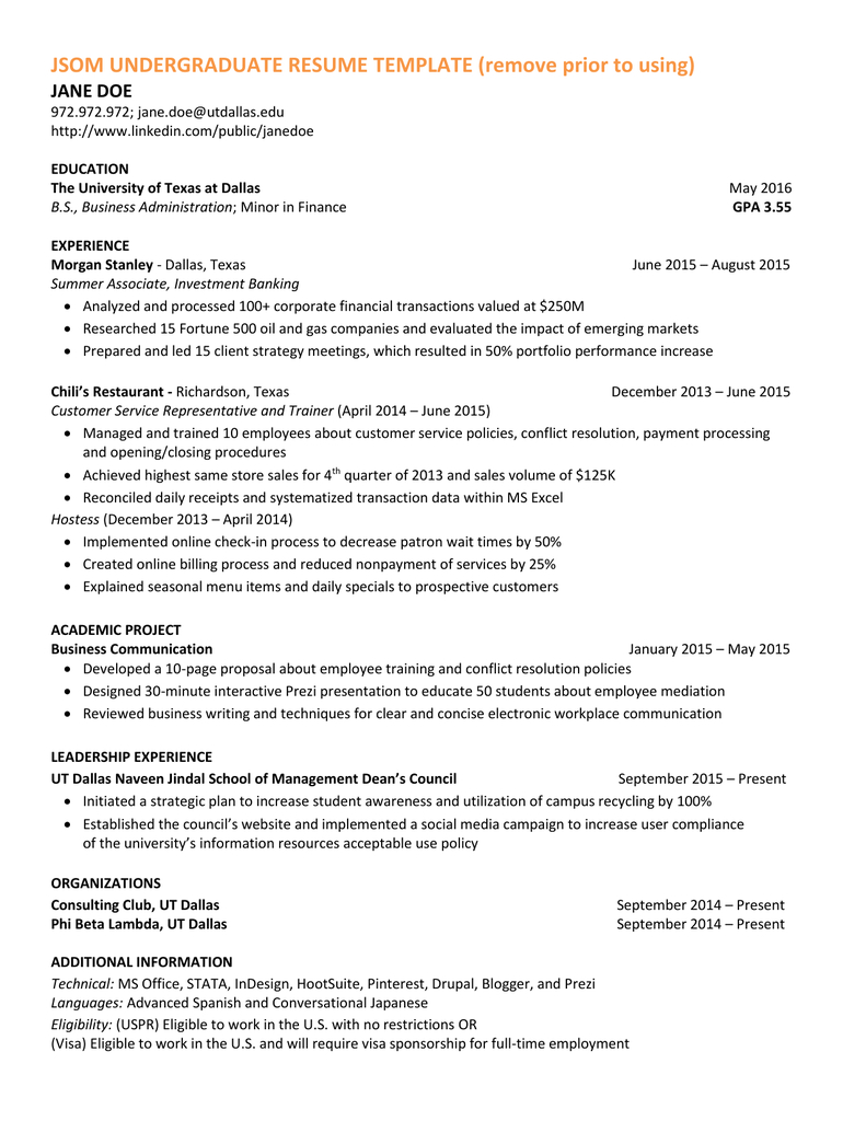 Jsom Undergraduate Resume Template Remove Prior To Using Jane Doe within proportions 791 X 1024