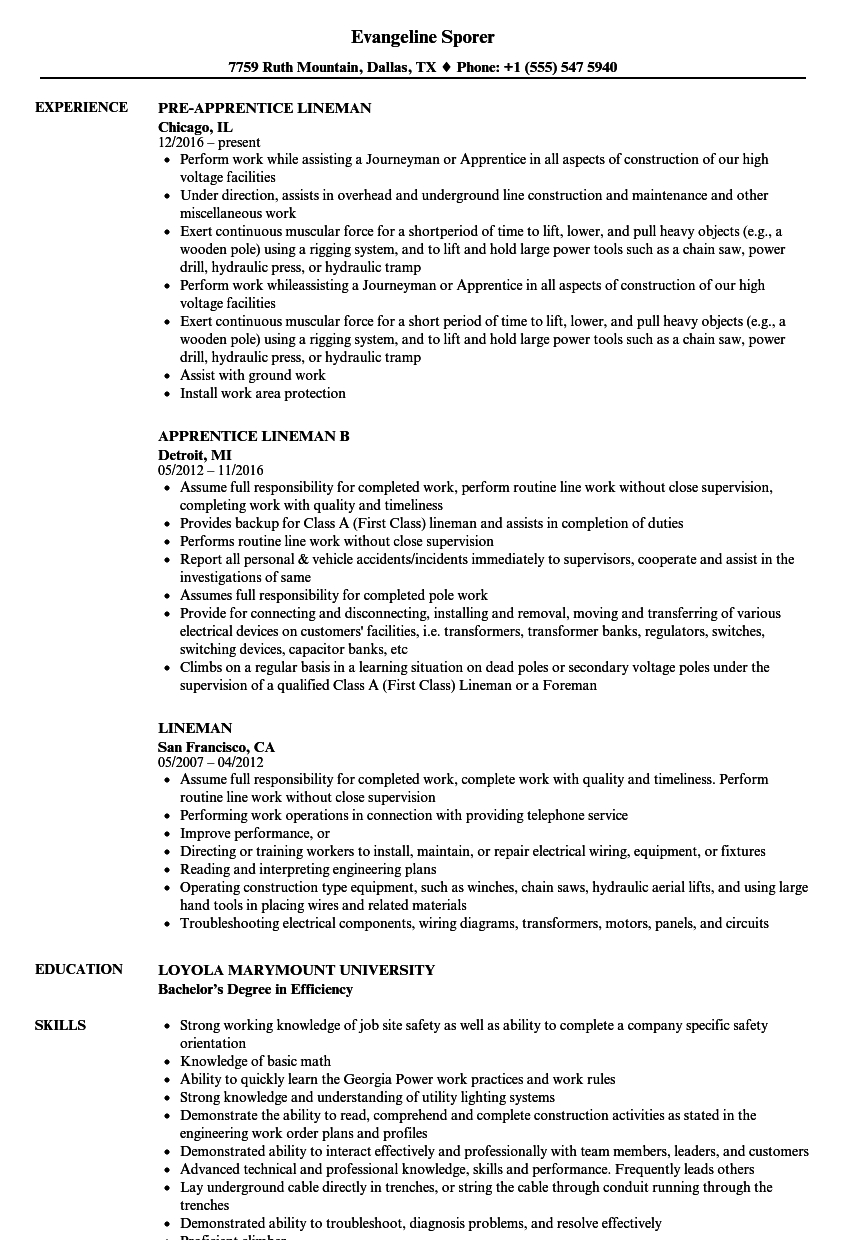 Lineman Resume Samples Velvet Jobs inside measurements 860 X 1240