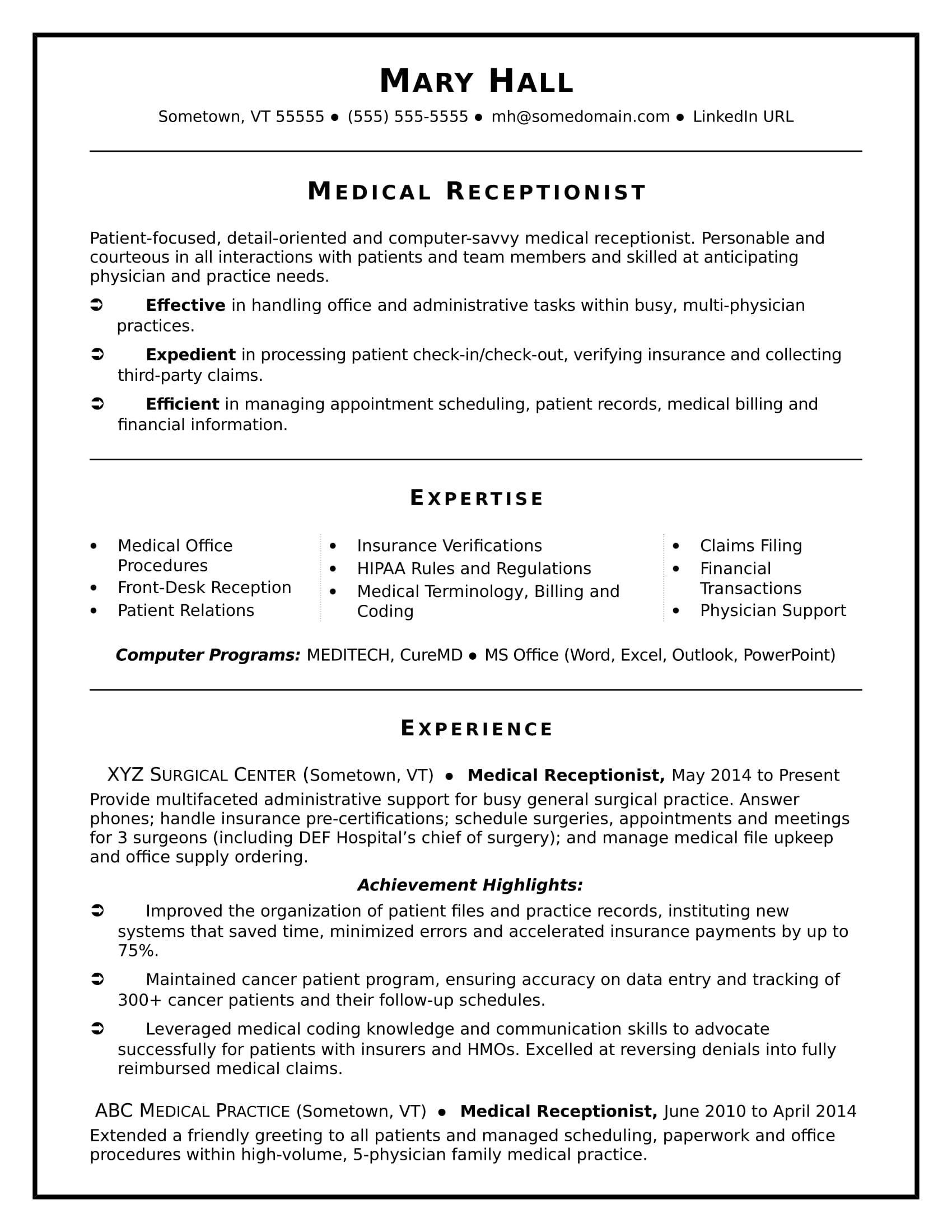 Medical Receptionist Resume Sample Monster for sizing 1700 X 2200