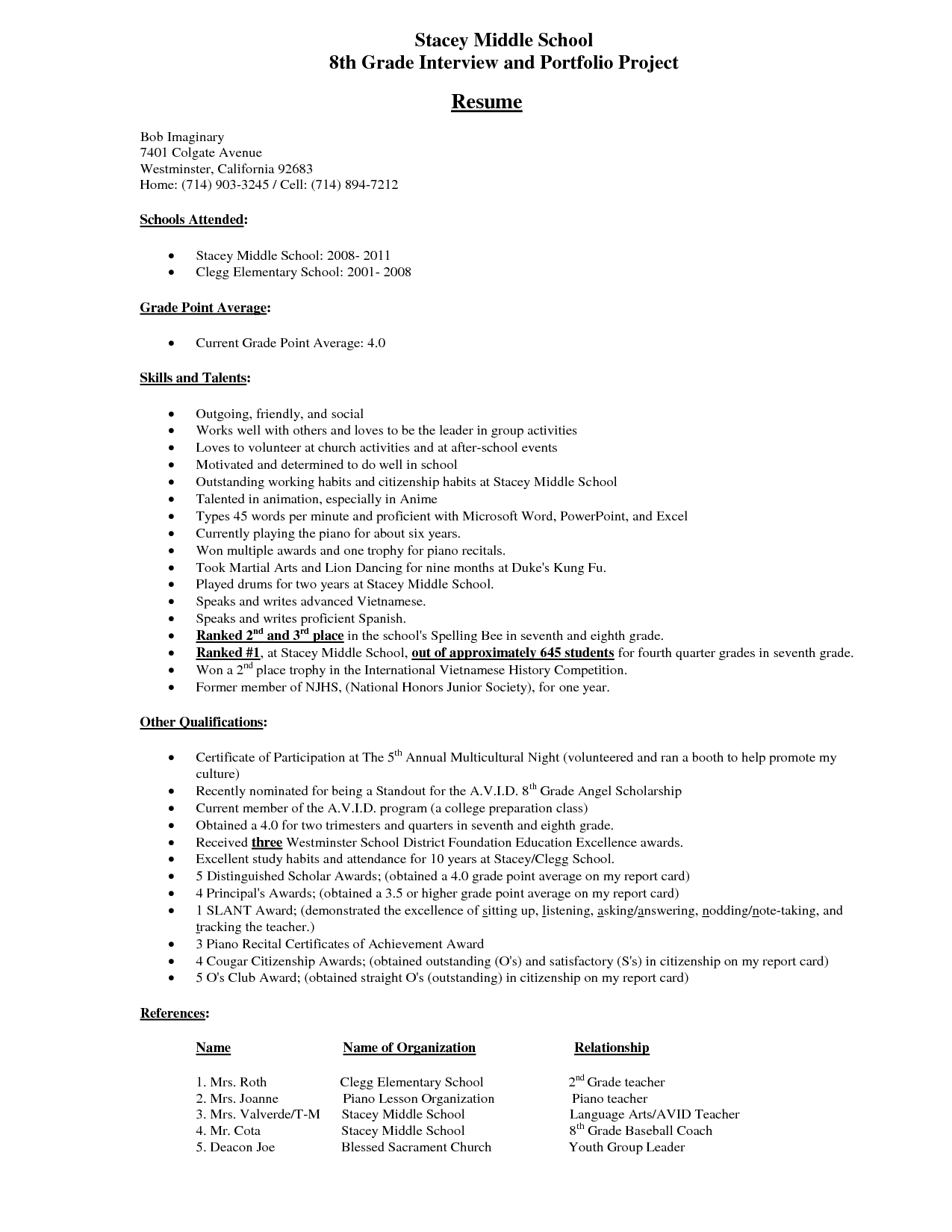 Middle School Student Resume Example Stacey Middle School 8th throughout sizing 1275 X 1650