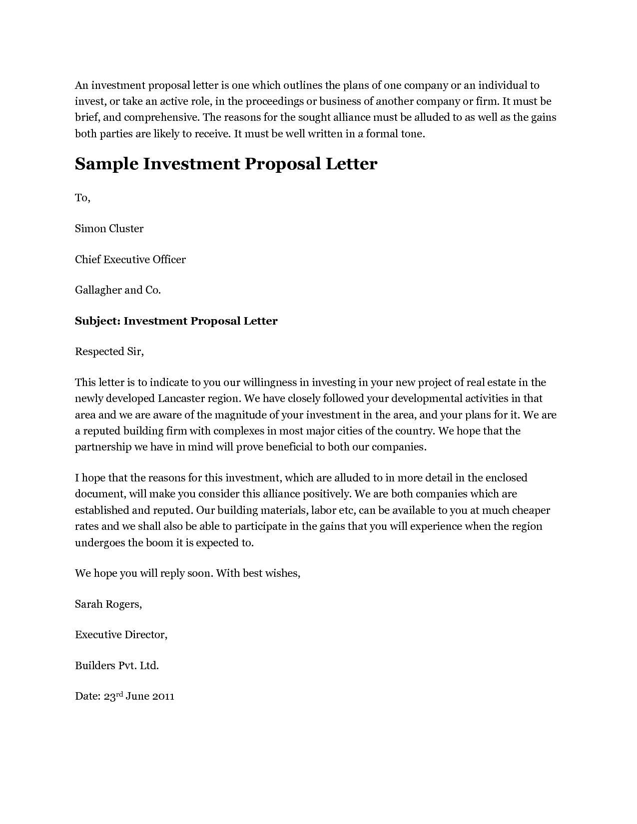 Photos Investment Proposal Examples Investor Letter Template Project inside proportions 1275 X 1650