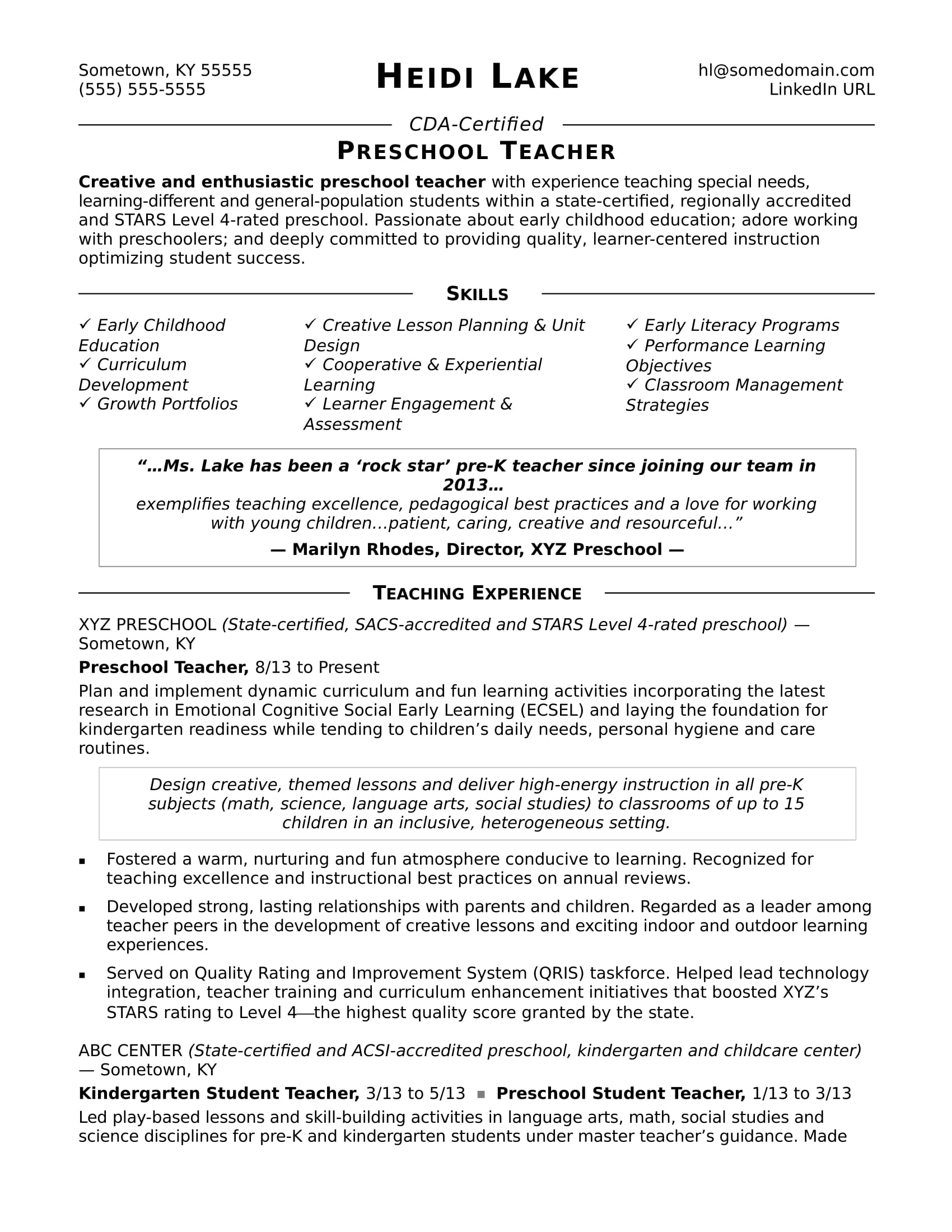 Preschool Teacher Resume Sample Monster in sizing 1700 X 2200