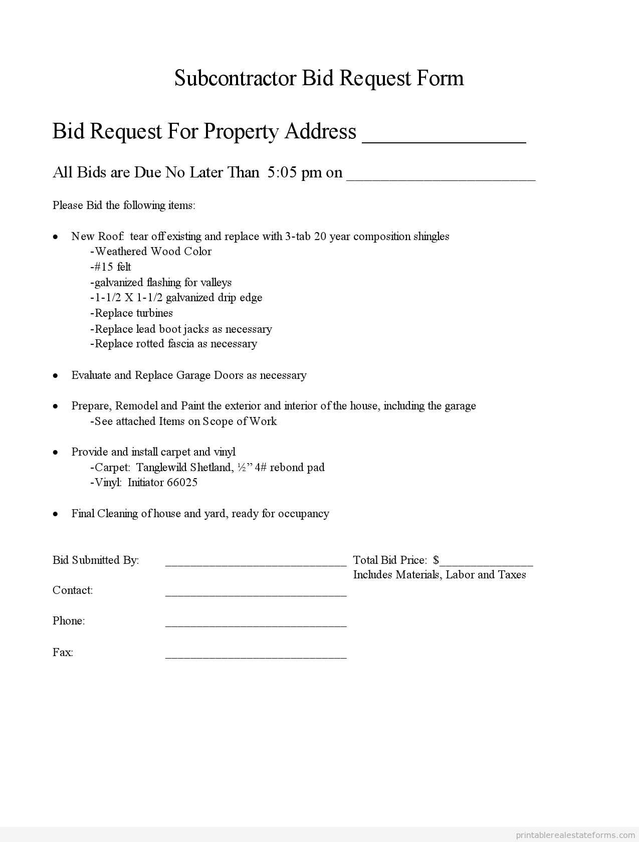Printable Subcontractor Bid Request Form And Standardized Scope Of within size 1275 X 1680