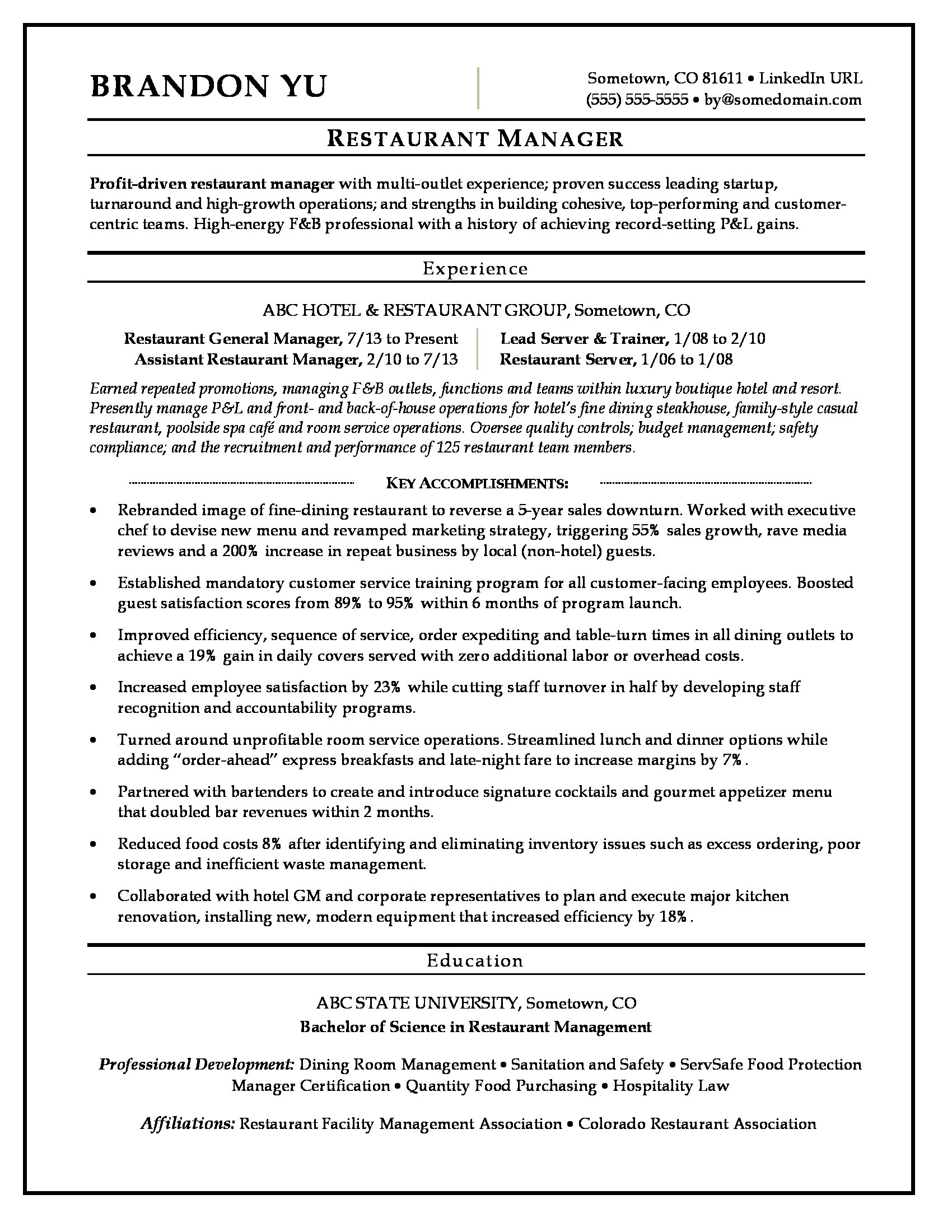 Restaurant Manager Resume Sample Monster inside proportions 1700 X 2200