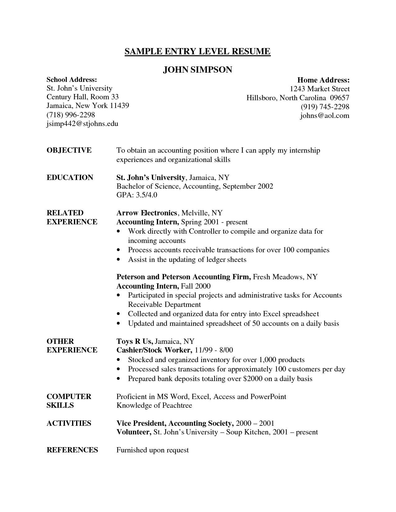 Resume Examples Entry Level 1 Resume Examples Pinterest Sample pertaining to dimensions 1275 X 1650