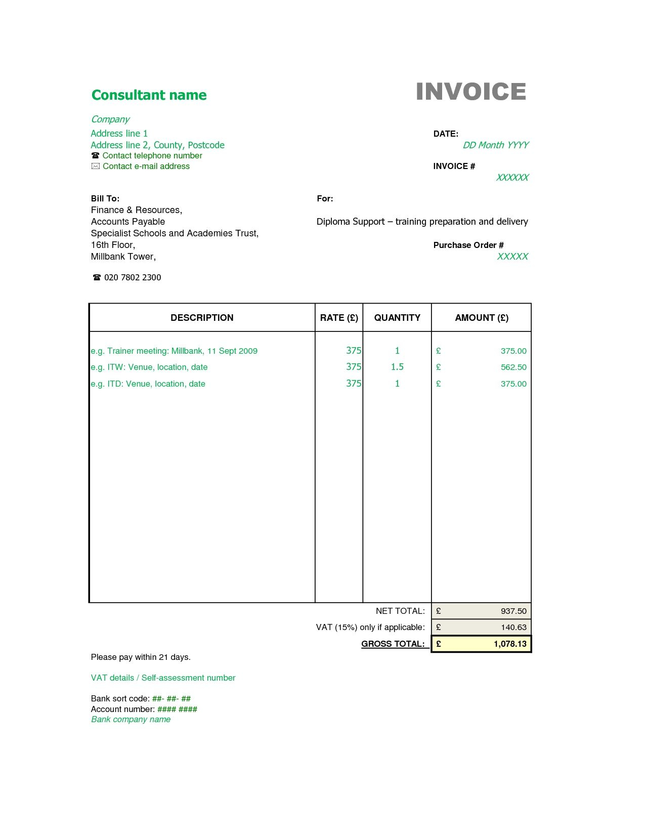 Sample Consultant Invoice Excel Based Consulting Invoice Template within dimensions 1275 X 1650