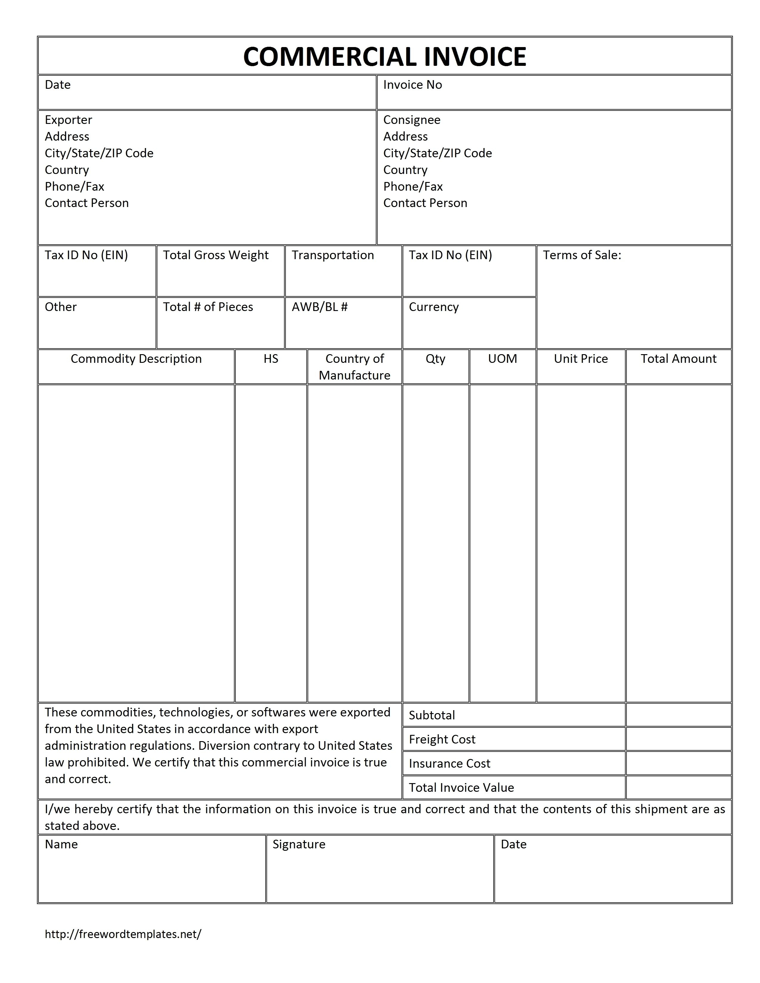 Sample Export Invoice Format Of Export Invoice In Excel inside size 2550 X 3300