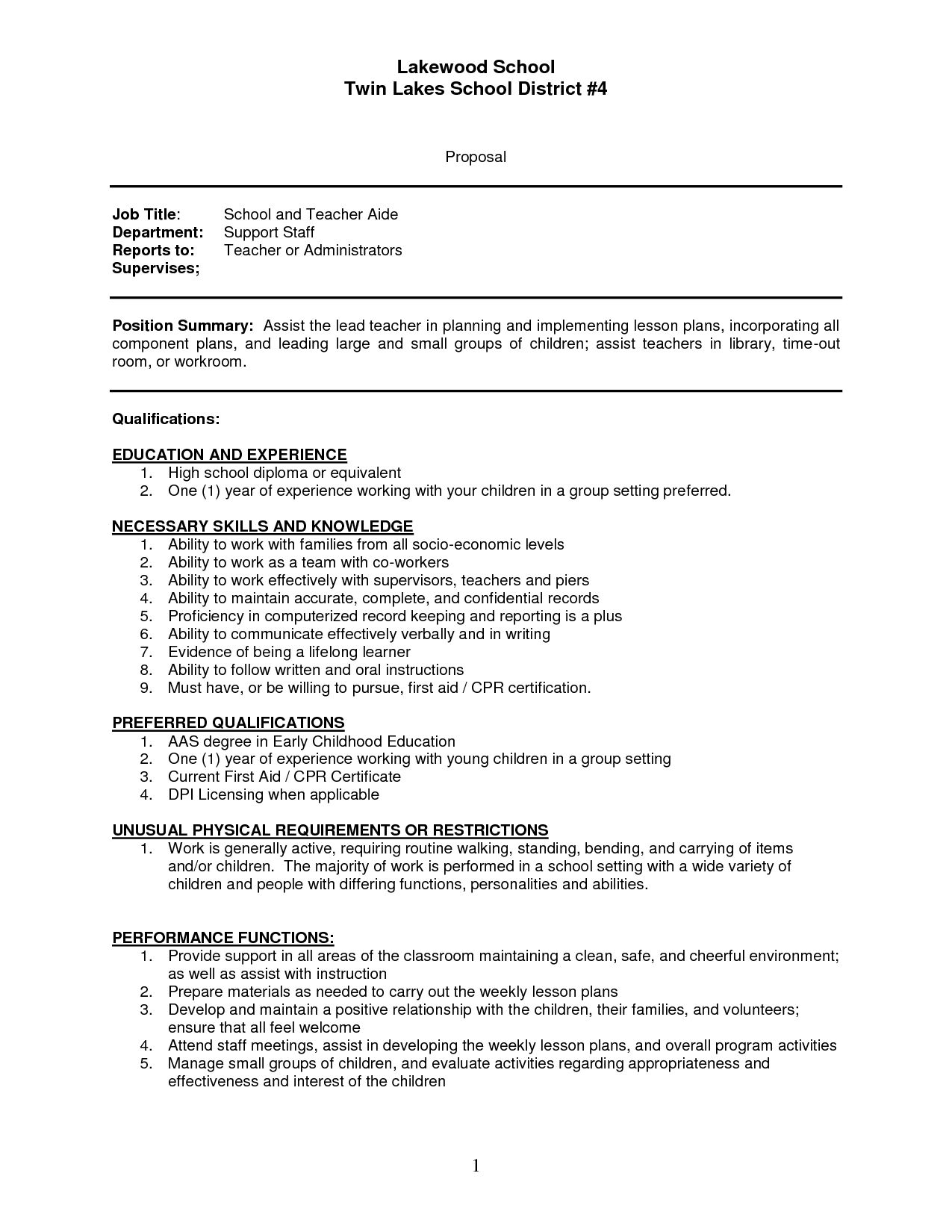 Sample Resume Teachers Aide Assistant Cover Letter Teacher Sap with measurements 1275 X 1650