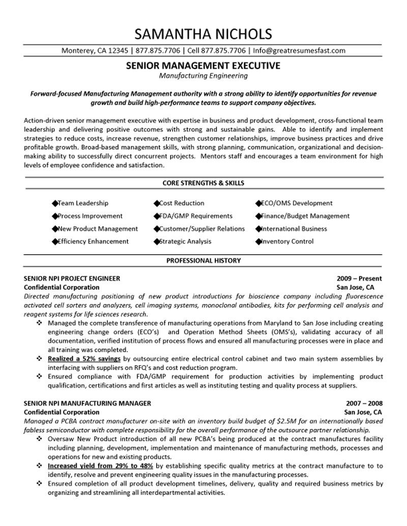 Senior Management Executive Manufacturing Engineering Resume with proportions 800 X 1035