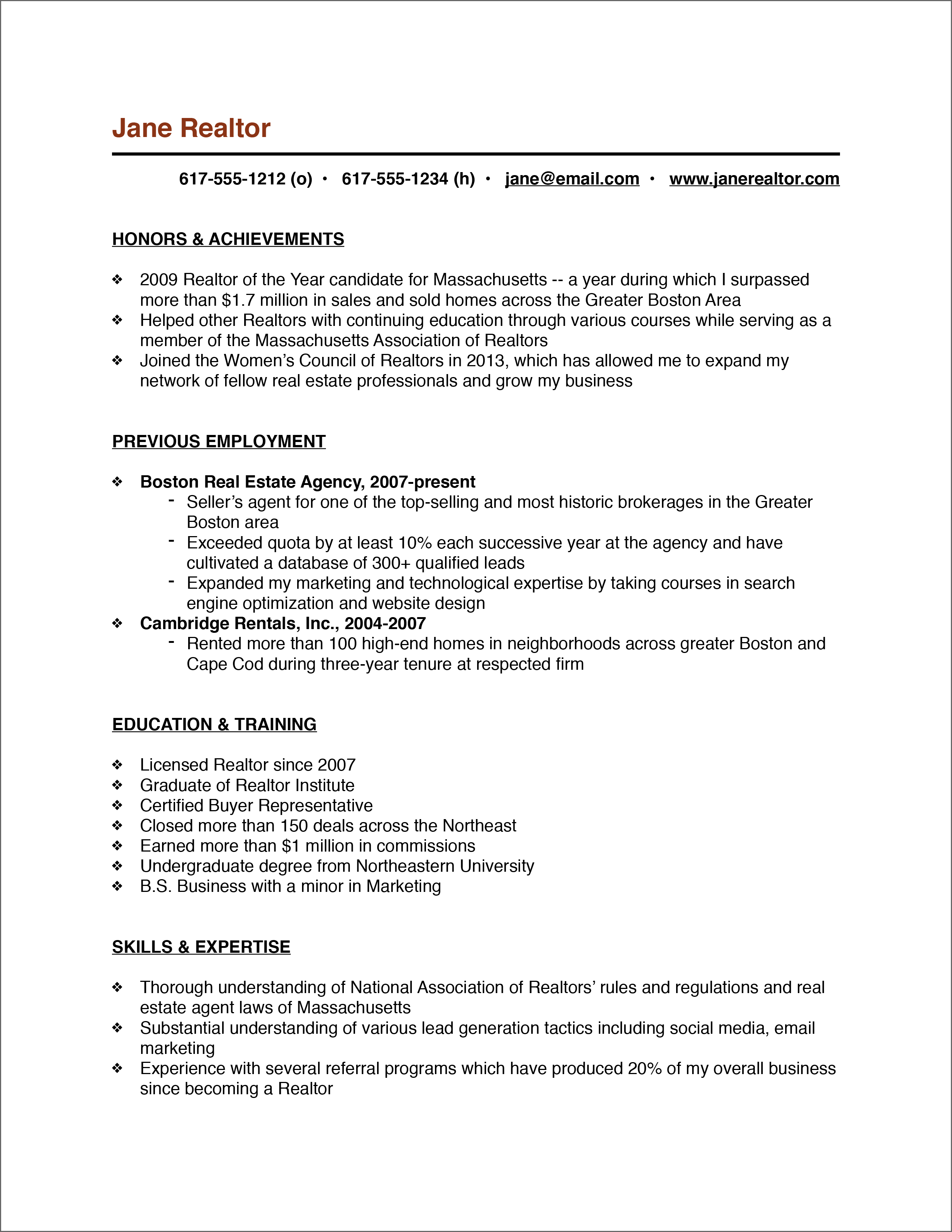 resume template for real estate agents