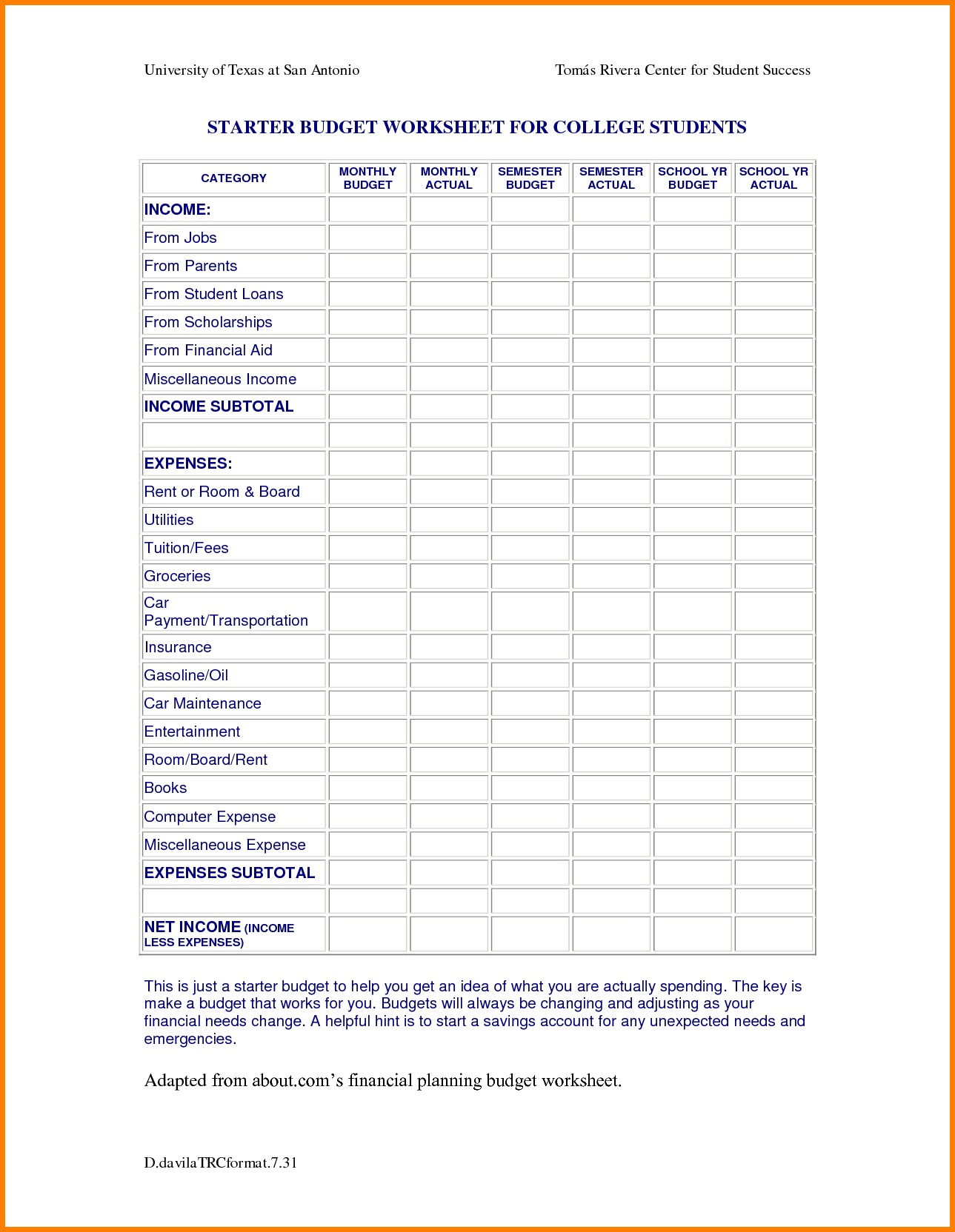 University Student Budget Template Selo L Ink Co Example Of College for measurements 1289 X 1664