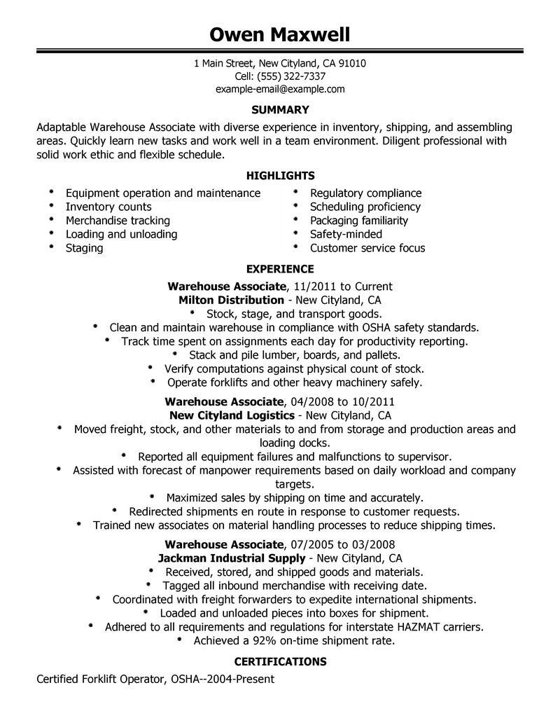 Warehouse Resume Objective Samples For Worker Executive Summary throughout proportions 800 X 1035