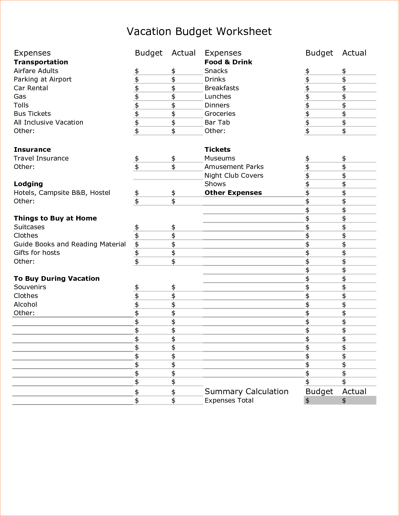 Wedding Budget Worksheet Template And 8 Vacation Bud Template within sizing 1277 X 1652