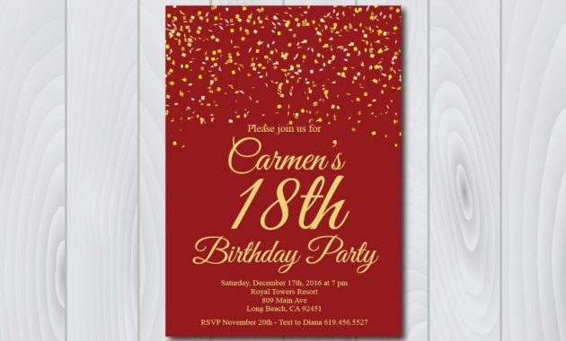 18th Birthday Invitationprintable Gold Red Birthday Invitatione for size 1024 X 901