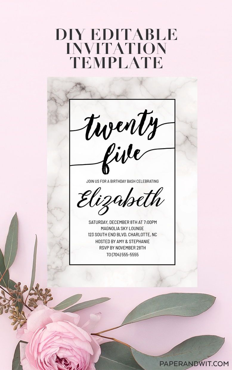 25th Birthday Invitations For Women 25th Birthday Invite Marble throughout sizing 778 X 1242