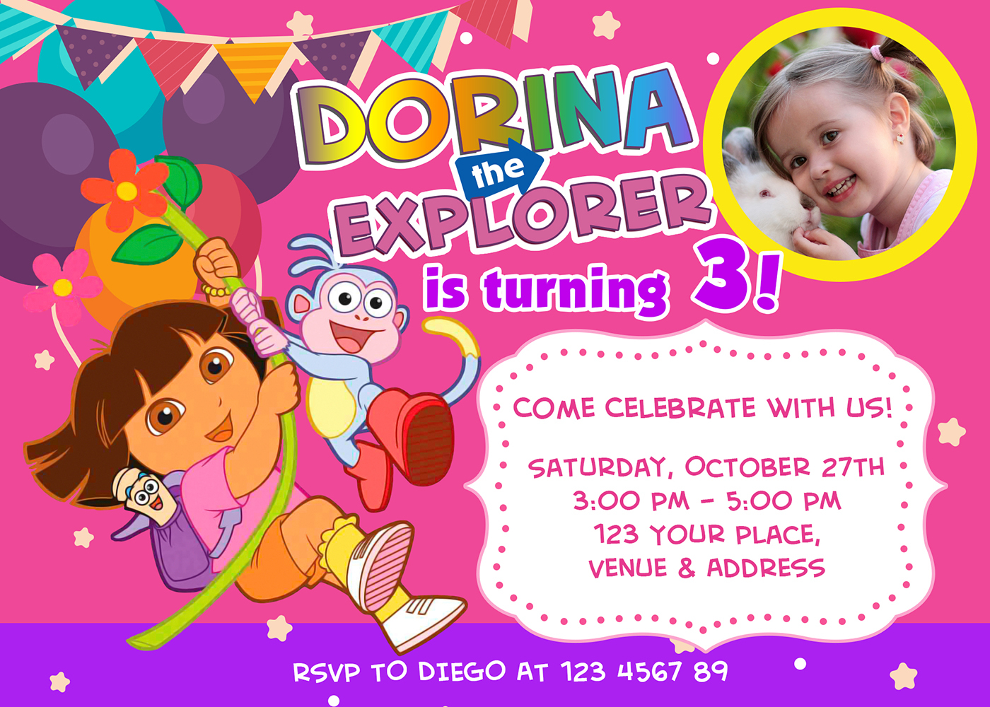 5r Free Dora The Explorer Birthday Invitation Dioskouri Designs in dimensions 1400 X 1000