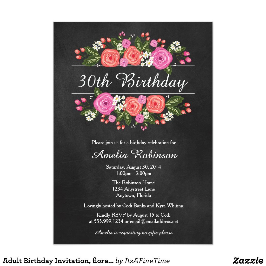 Adult Birthday Invitation Floral Chalkboard Style Invitation in measurements 1104 X 1104
