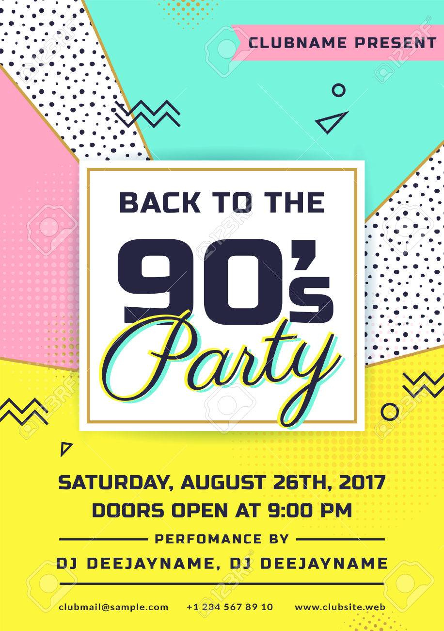 Back To The 90s Party Invitation Colorful Flyer Template Vector throughout measurements 916 X 1300