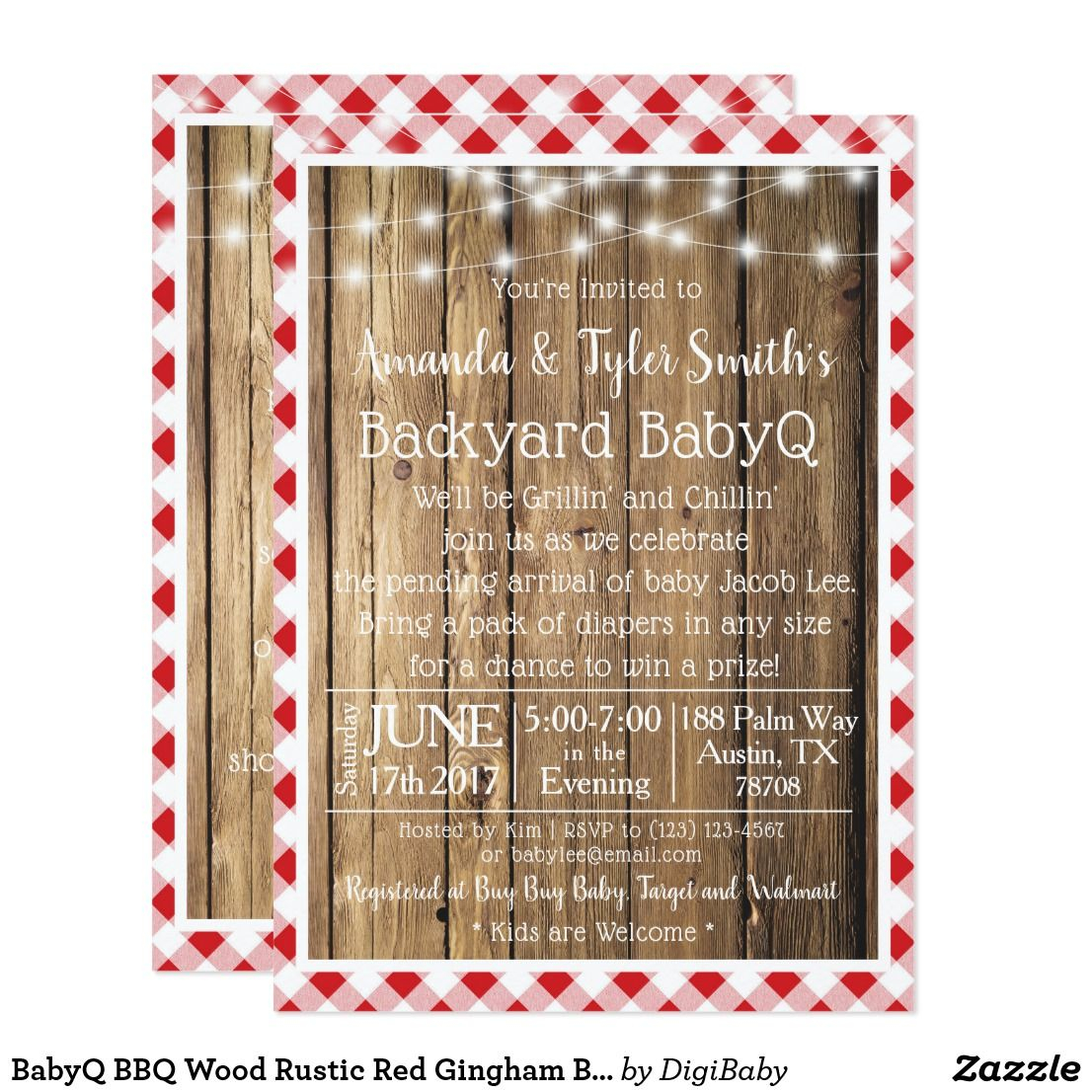 Baq Bbq Wood Rustic Red Gingham Ba Shower Invitation Zazzle for sizing 1106 X 1106
