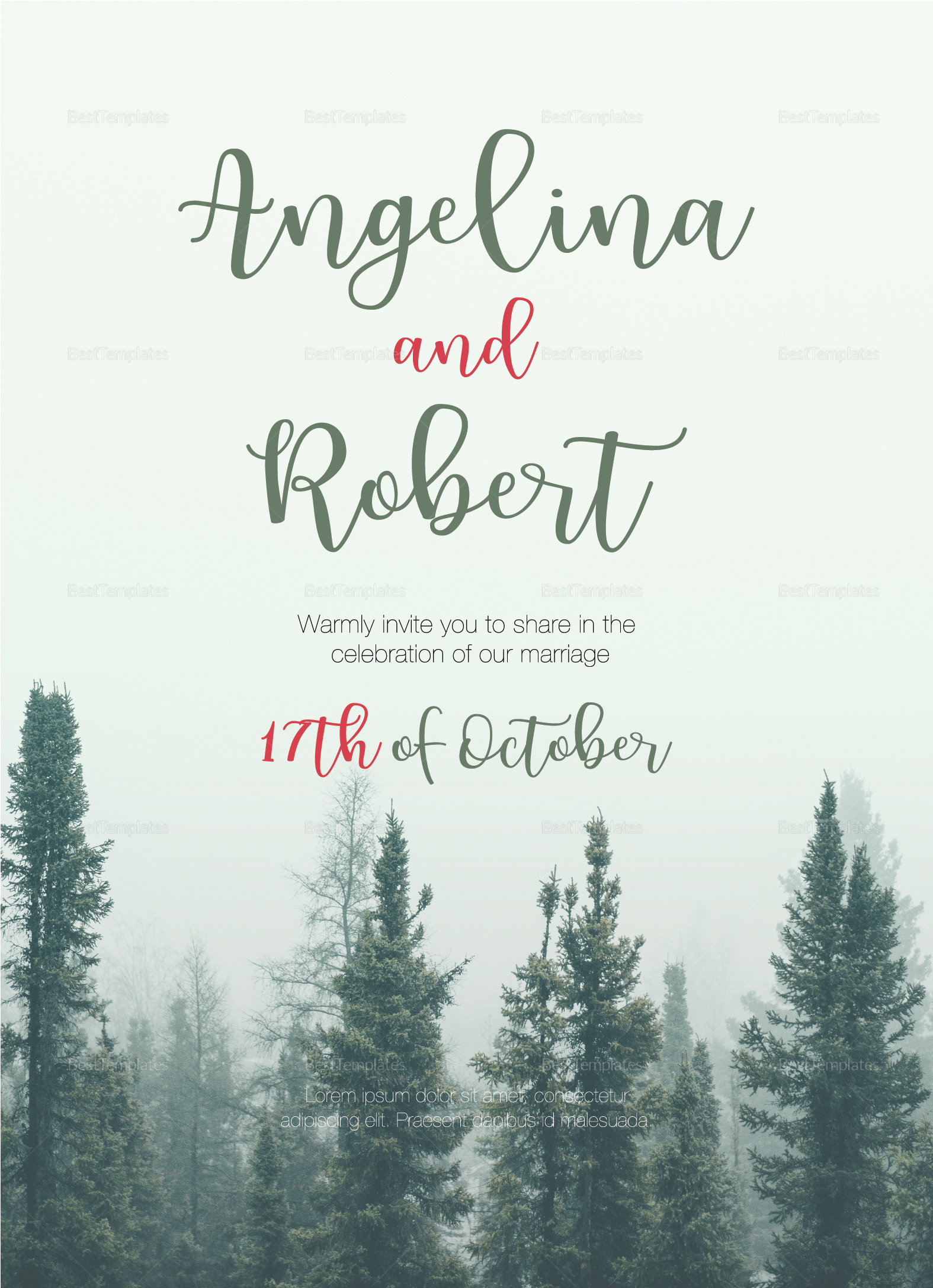 Beautiful Pine Tree Wedding Invitation Design Template In Psd Word with size 1575 X 2175