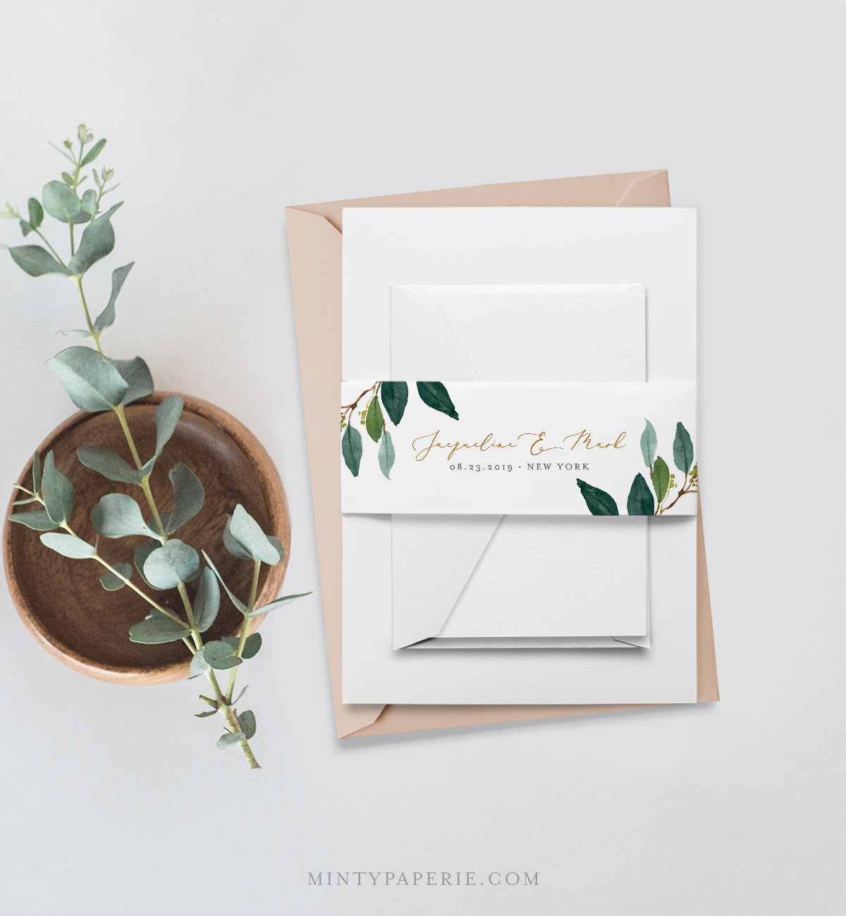 Belly Band Wedding Invitation Template Instant Download Greenery with measurements 1200 X 1300