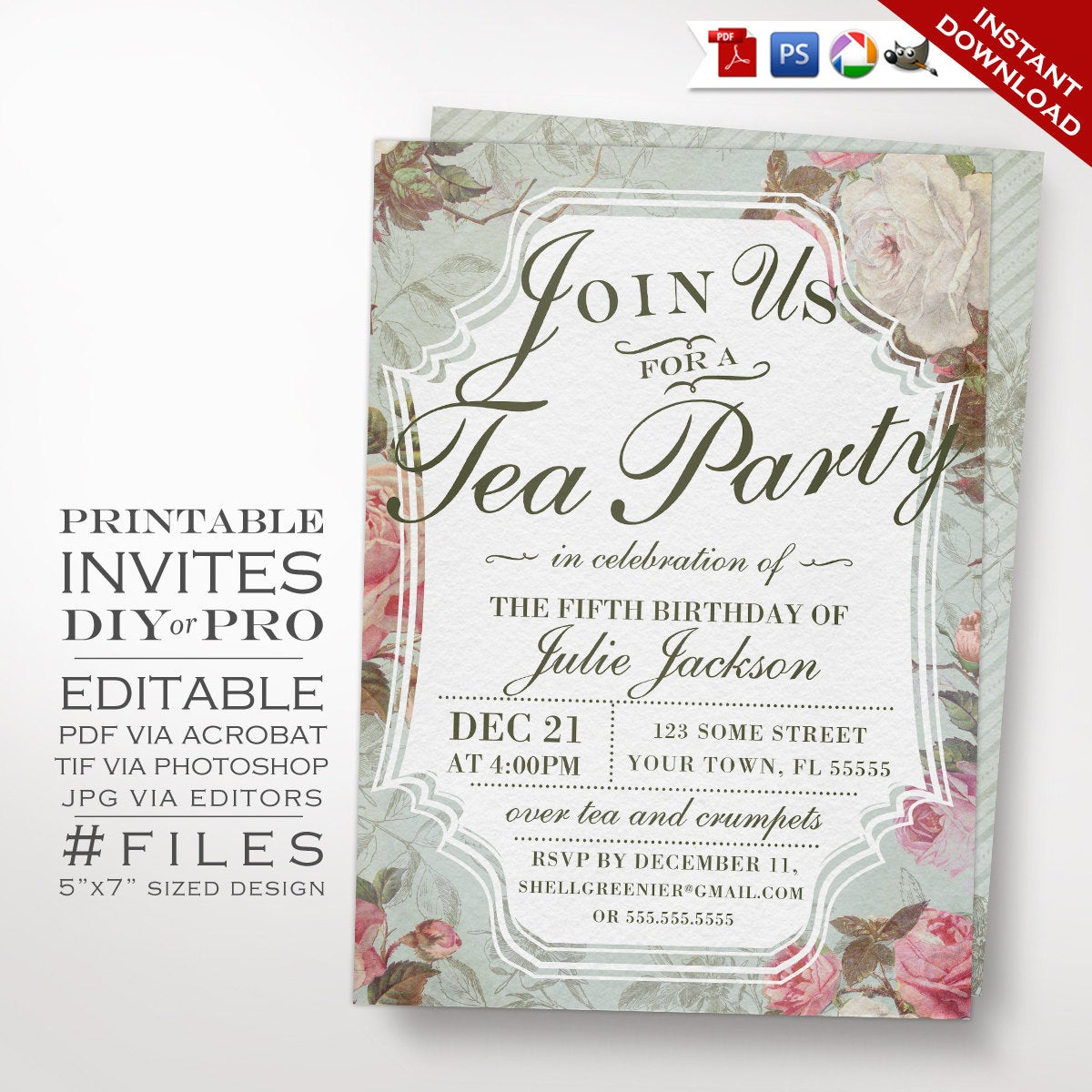 Birthday Tea Party Invitation Template Vintage Rose Tea Etsy regarding proportions 1200 X 1200