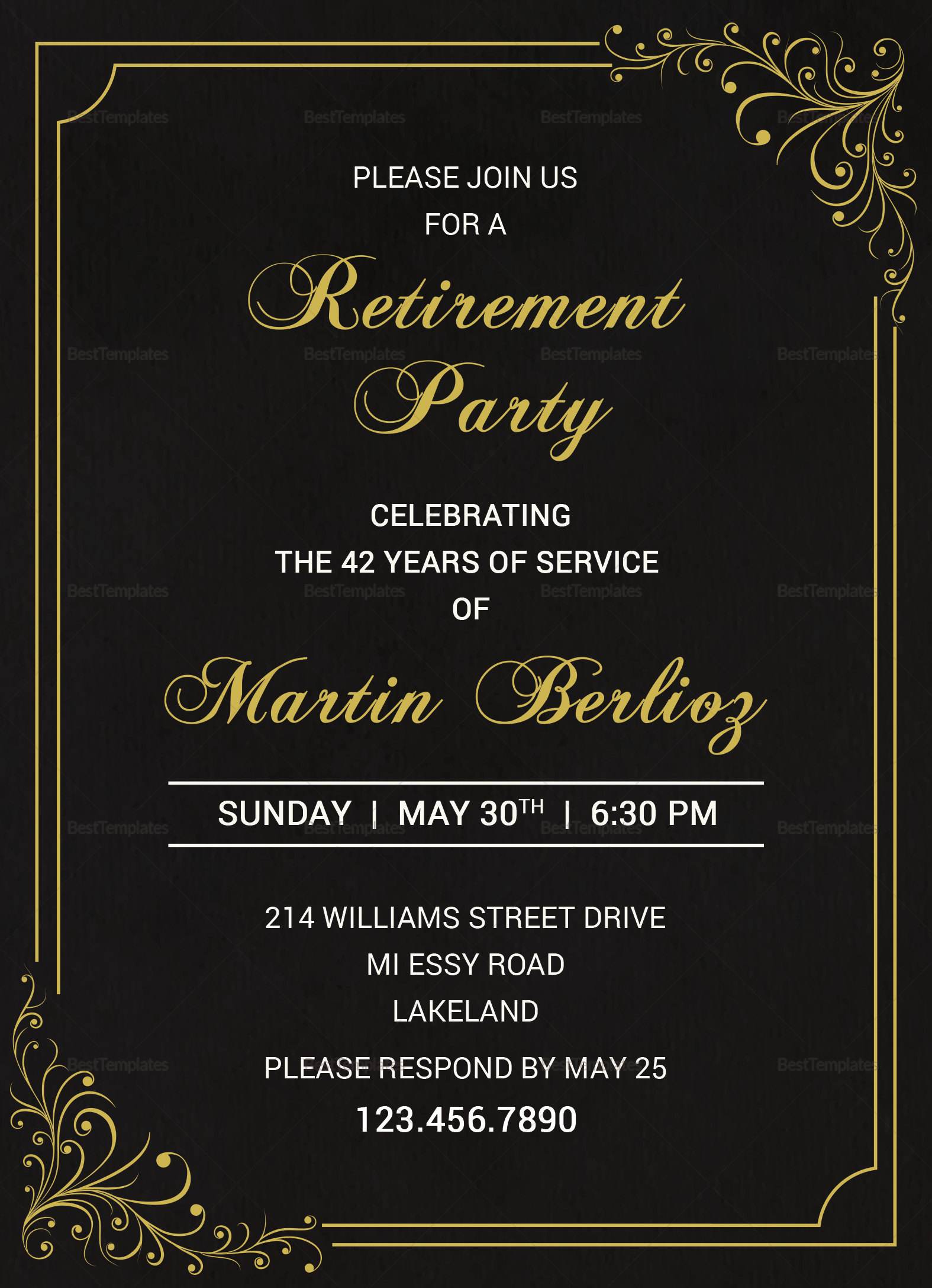 Black Gold Retirement Invitation Design Template In Psd Word Publisher intended for sizing 1575 X 2175