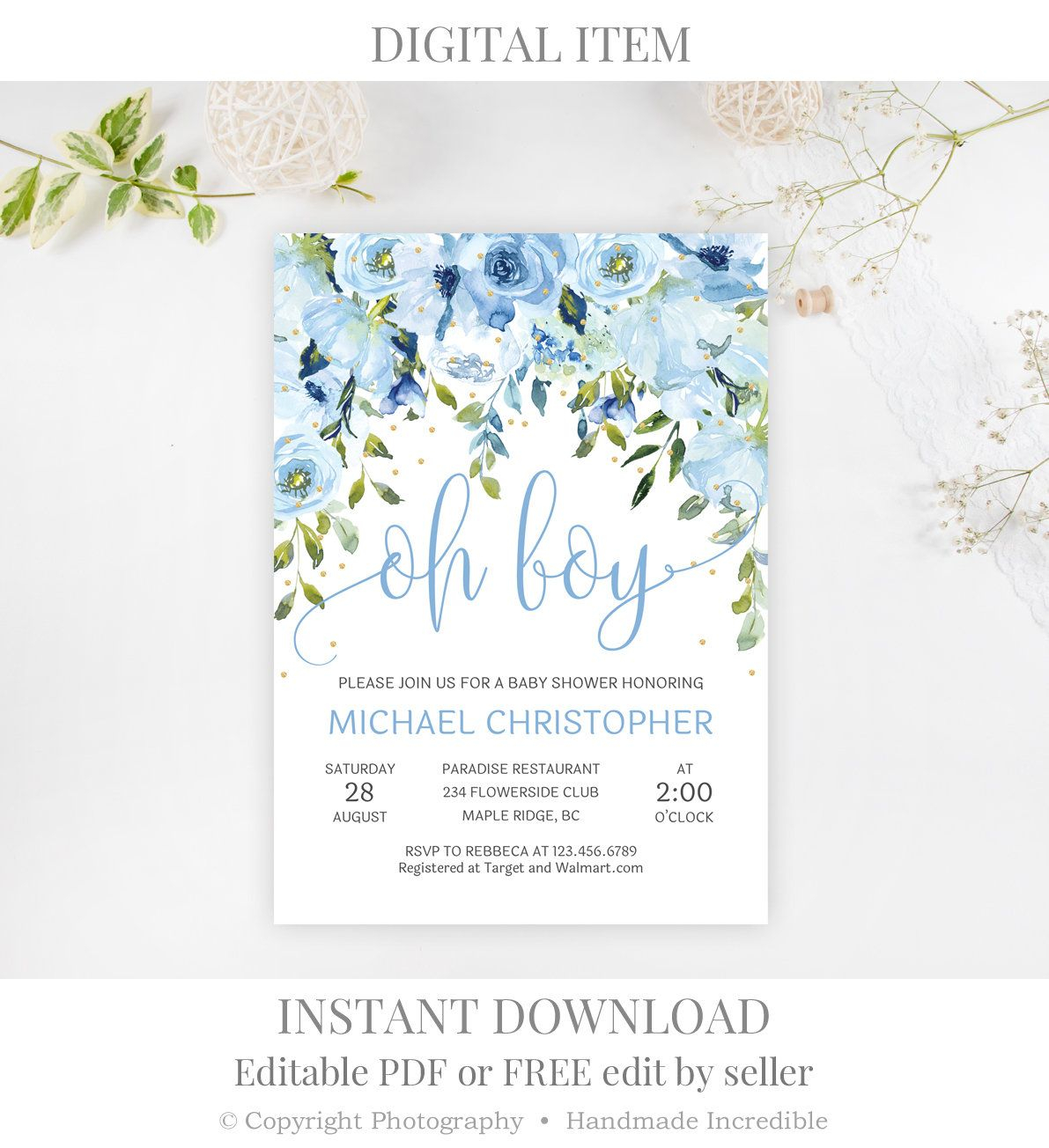 Blue Ba Shower Invitation Printable Editable Oh Boy Ba Shower with size 1191 X 1304