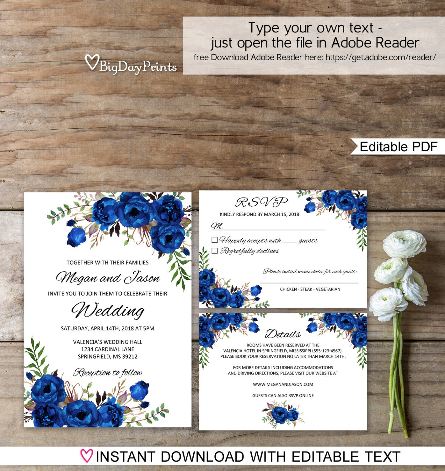 Blue Wedding Invitation Template Royal Blue Wedding Etsy intended for dimensions 1418 X 1500