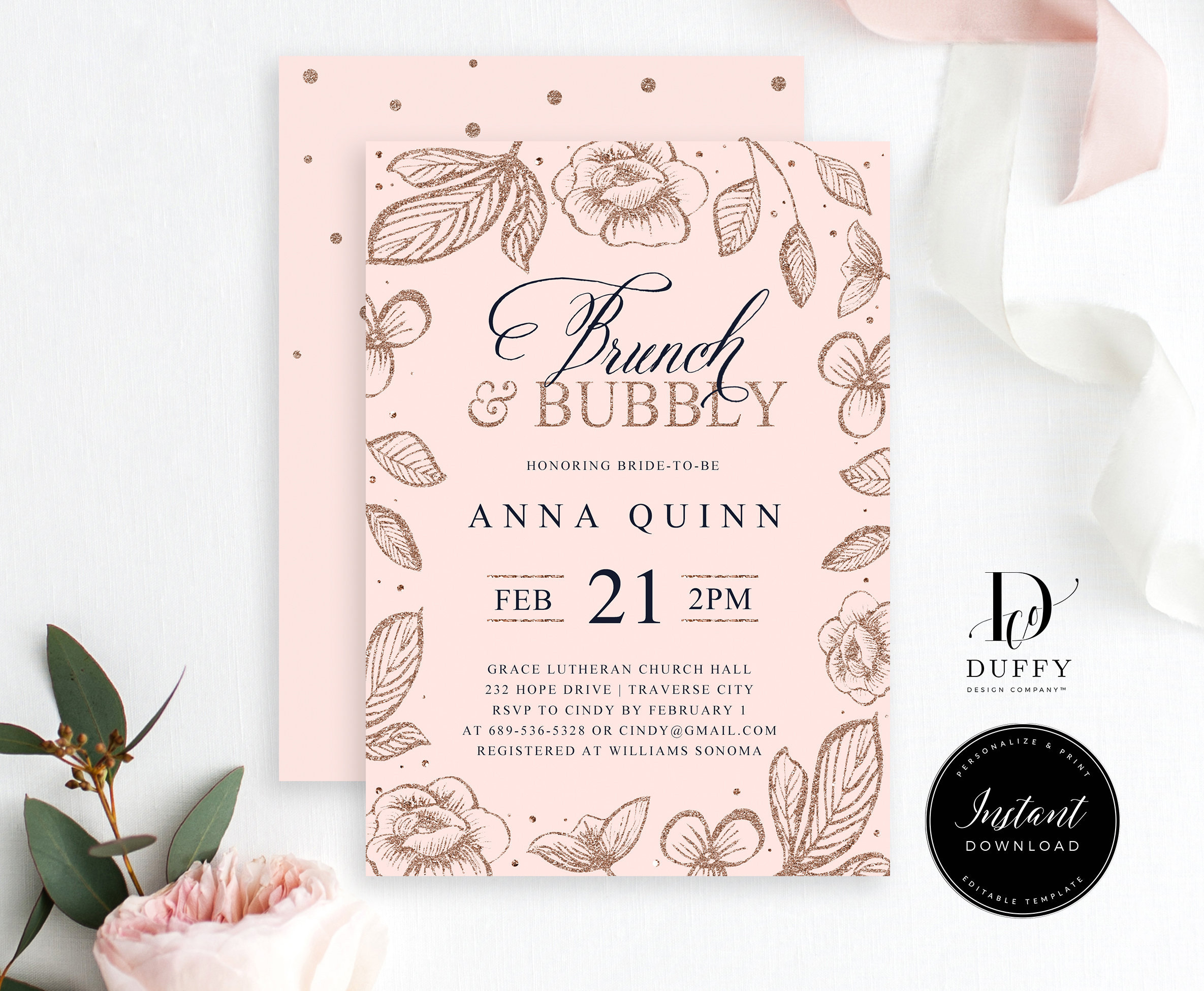 Blush Floral Bridal Shower Invitation Template Pink Floral Etsy with sizing 2370 X 1950