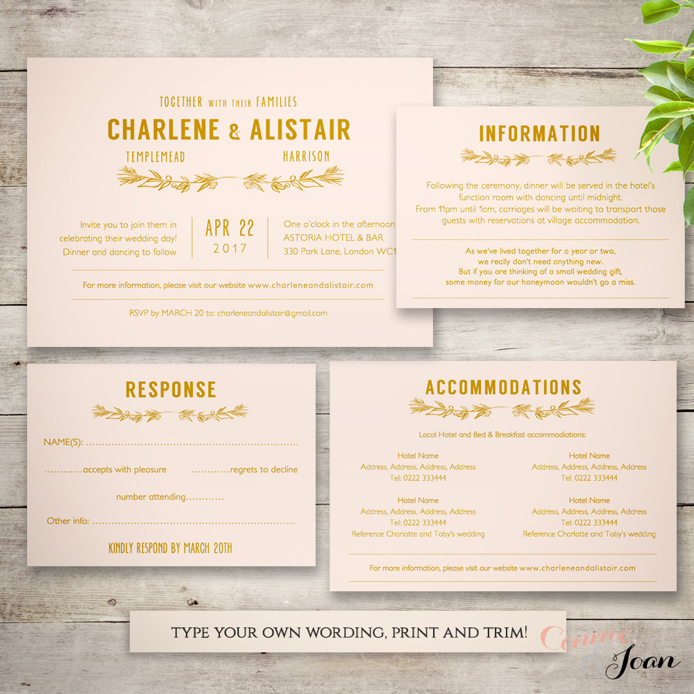 Blush Gold Wedding Invitation Template Set Response Accommodation within size 1000 X 1000