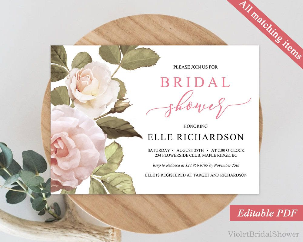 Blush Roses Bridal Shower Invitation Printable Horizontal Wedding intended for size 1000 X 800