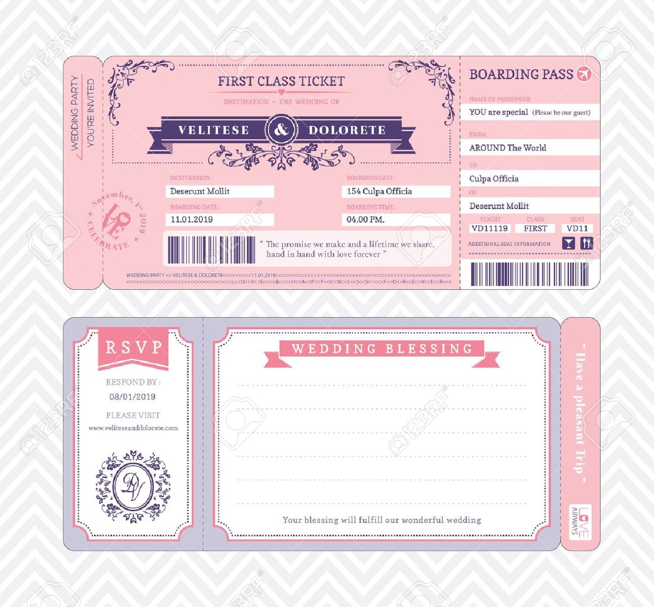 Boarding Pass Ticket Wedding Invitation Template Royalty Free throughout proportions 1300 X 1206