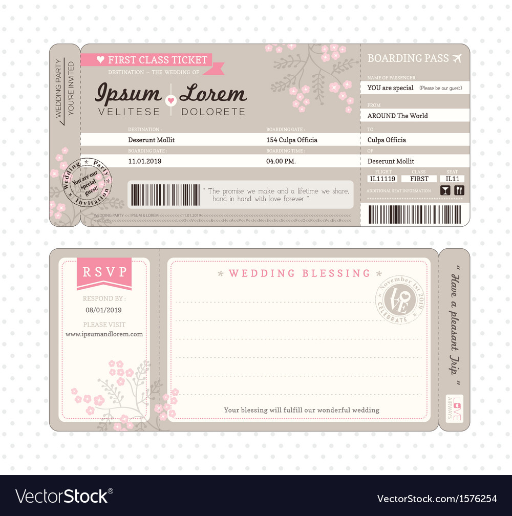 Boarding Pass Wedding Invitation Template Vector Image intended for sizing 1000 X 1008