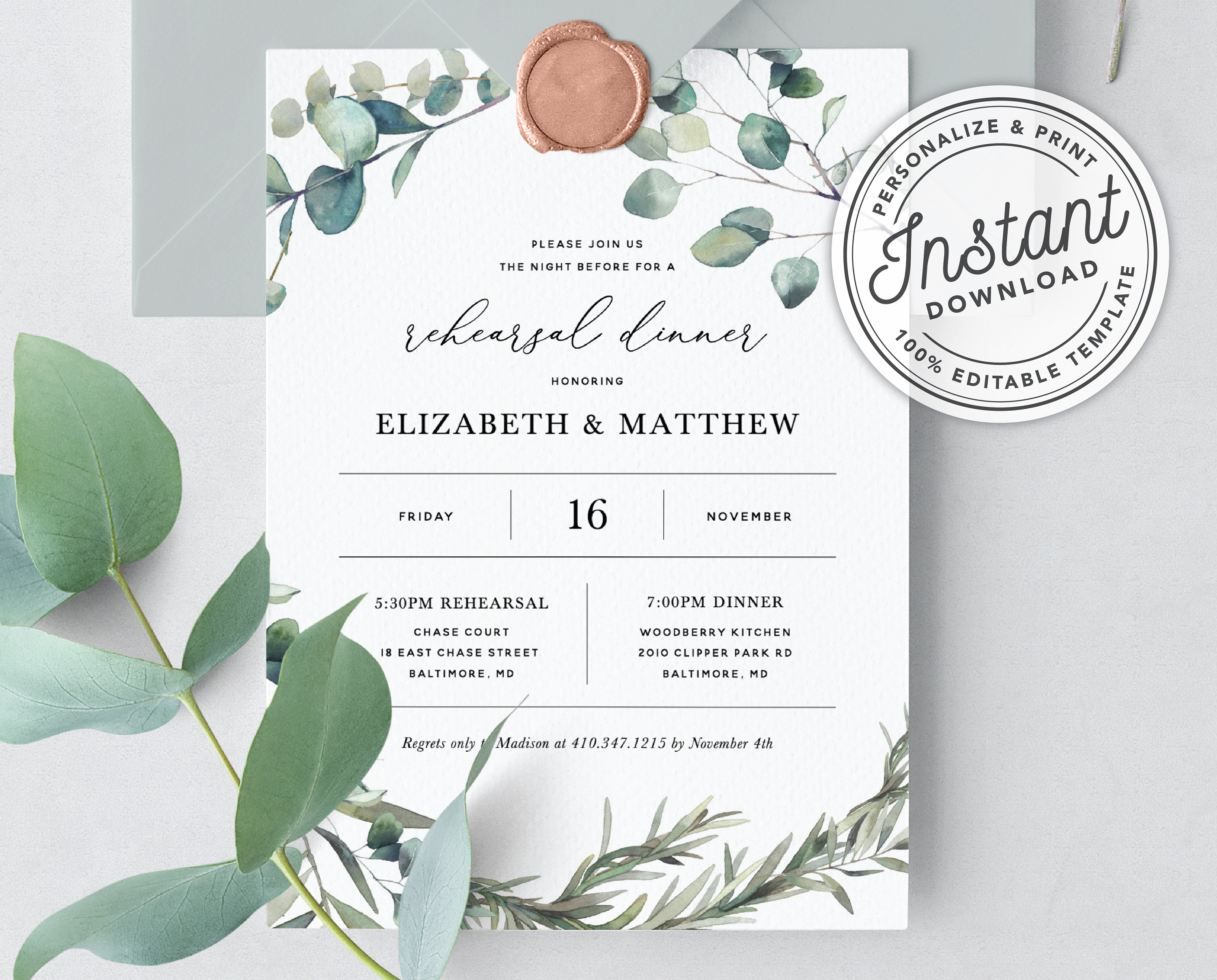 Bohemian Wedding Rehearsal Dinner Invitation Template With Eucalyptus Greenery Wreath Instant Download Printable Editable Template 023 for dimensions 3000 X 2417