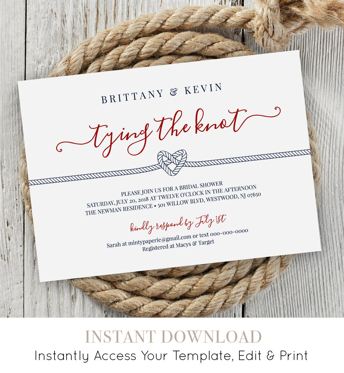 Bridal Shower Invitation Printable Nautical Wedding Shower Invite in size 1200 X 1300