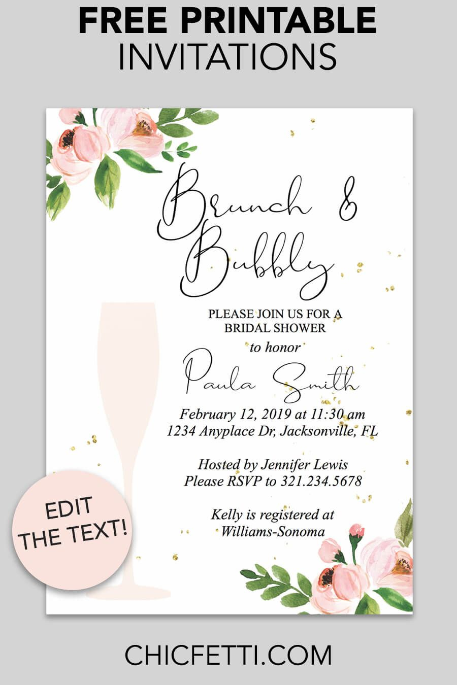 Bridal Shower Printable Invitation Floral Bubbly Invitations pertaining to sizing 900 X 1350