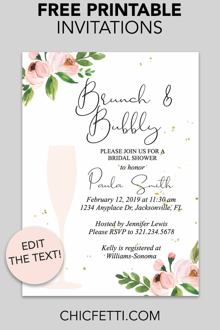 Bridal Shower Printable Invitation Floral Bubbly Invitations throughout measurements 900 X 1350