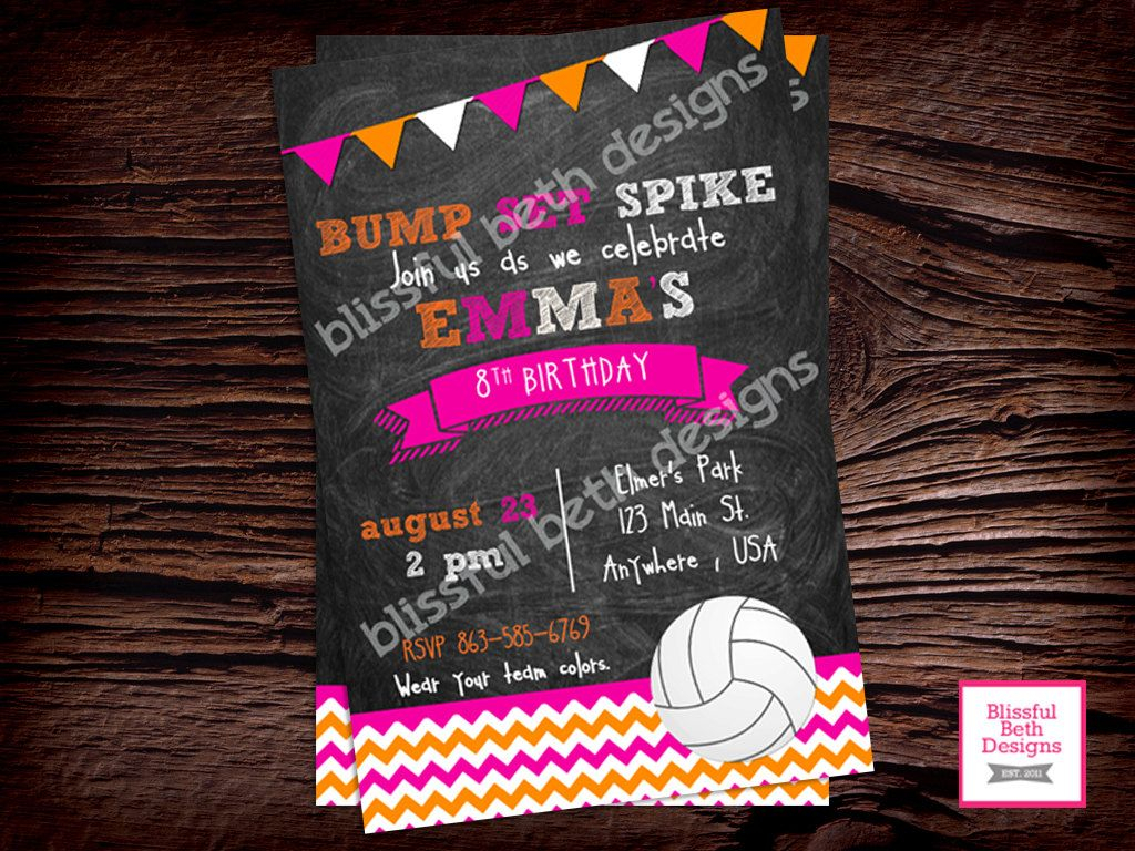 Bump Set Spike Volleyball Birthday Invitation Printable Volleyball with size 1024 X 768