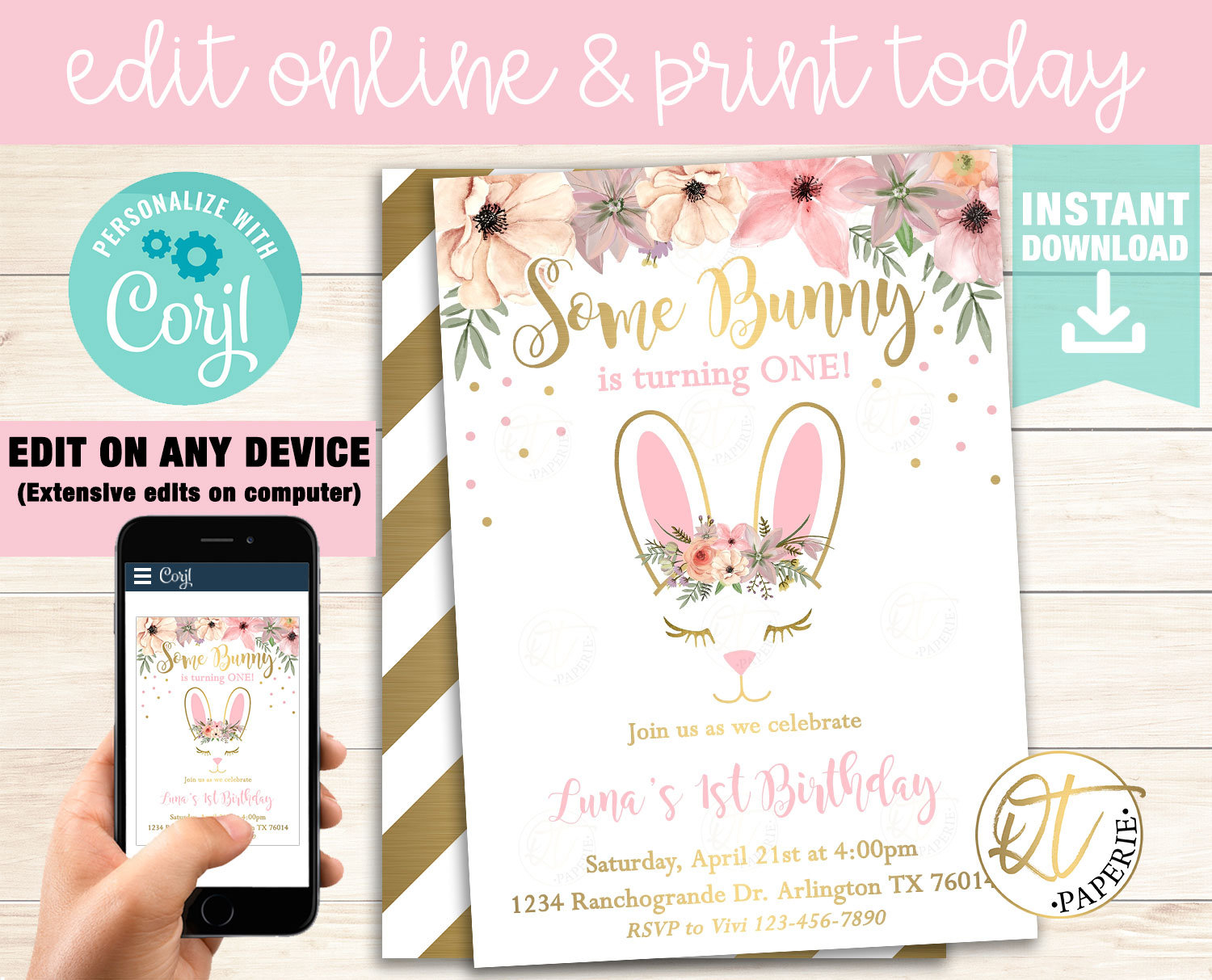 Bunny Birthday Invitation Template Easter Birthday Etsy with sizing 1500 X 1213