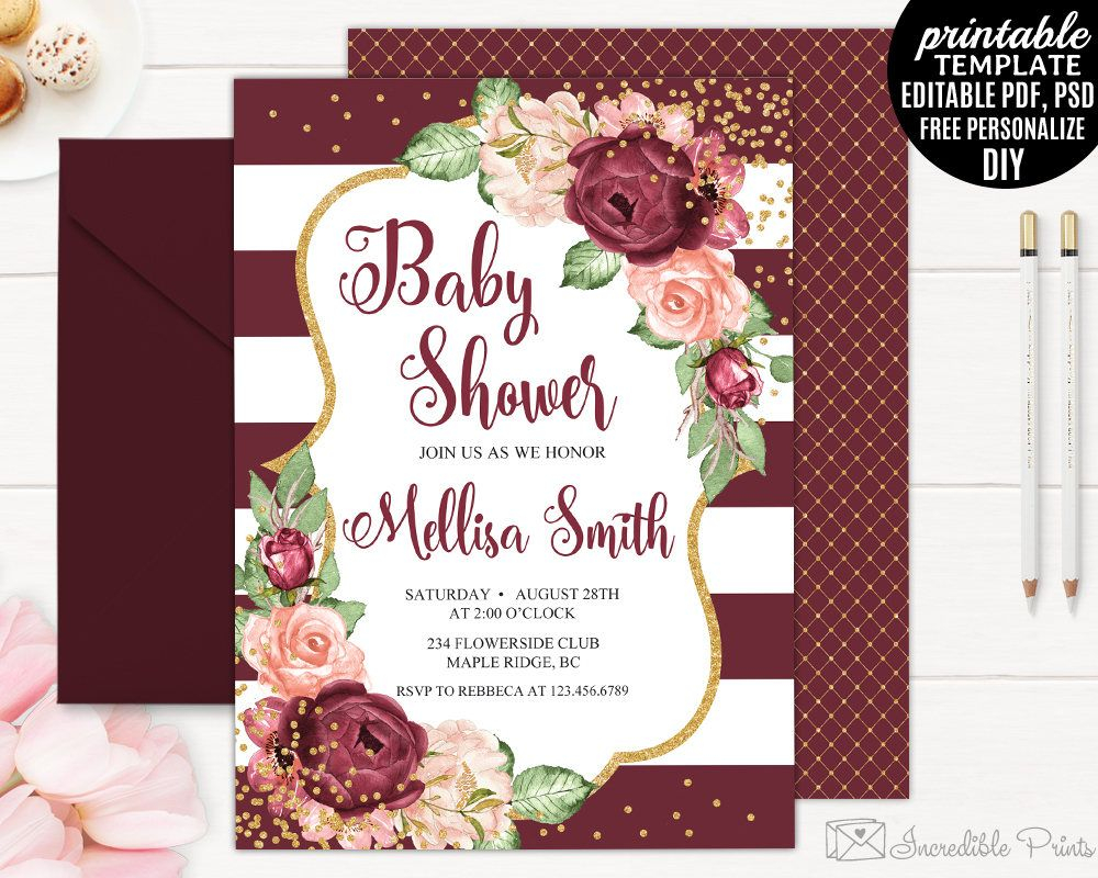 Burgundy Ba Shower Invitation Printable Editable Red And Pink in size 1000 X 800