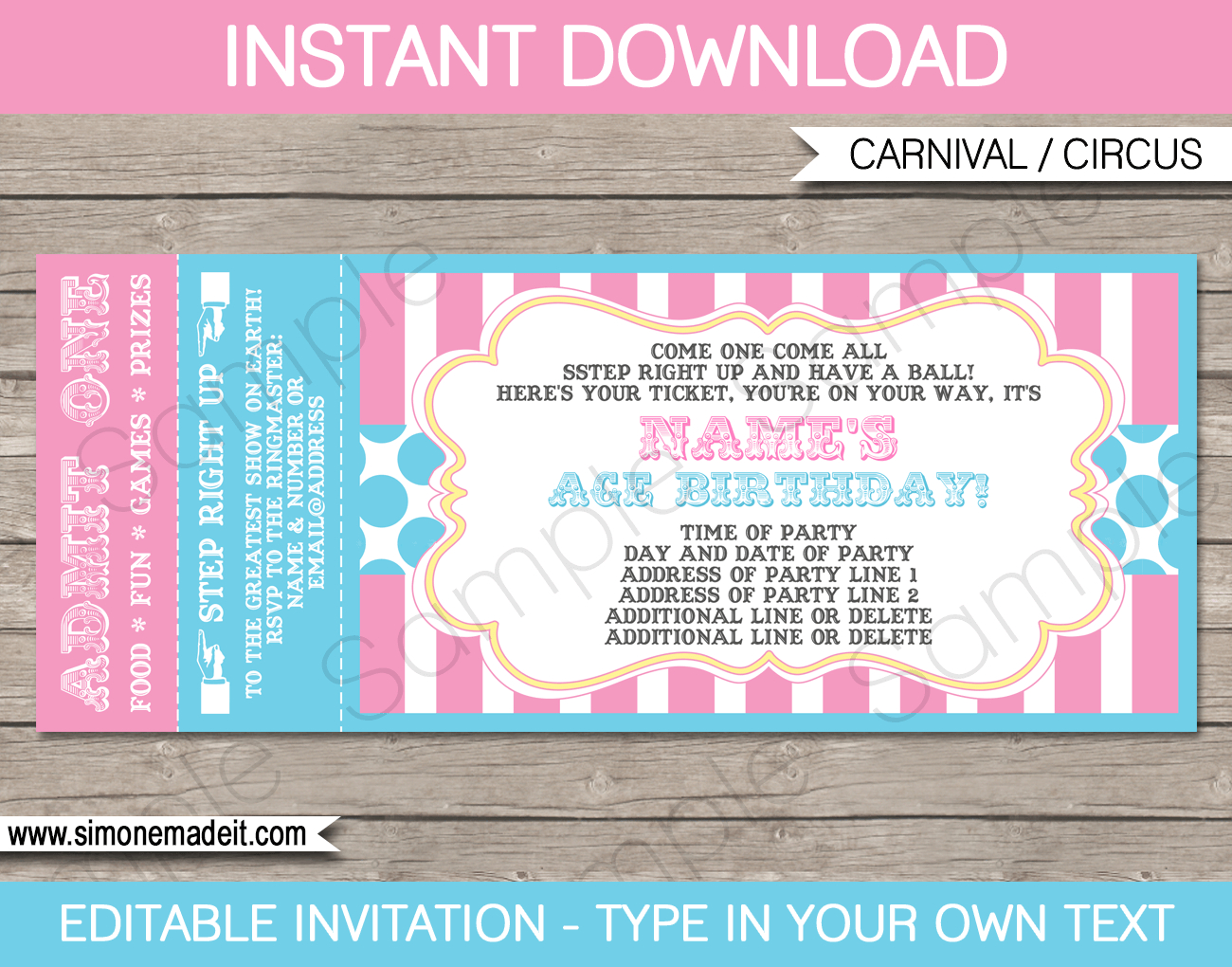 Carnival Ticket Invitations Template Carnival Circus Pink Aqua intended for measurements 1300 X 1020