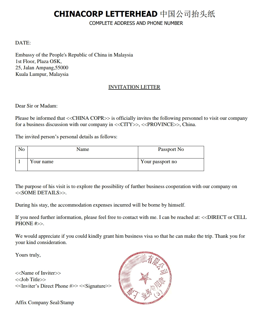 China Visa Sample Invitation Letter For Business Visa Tripvisamy with regard to dimensions 1022 X 1258