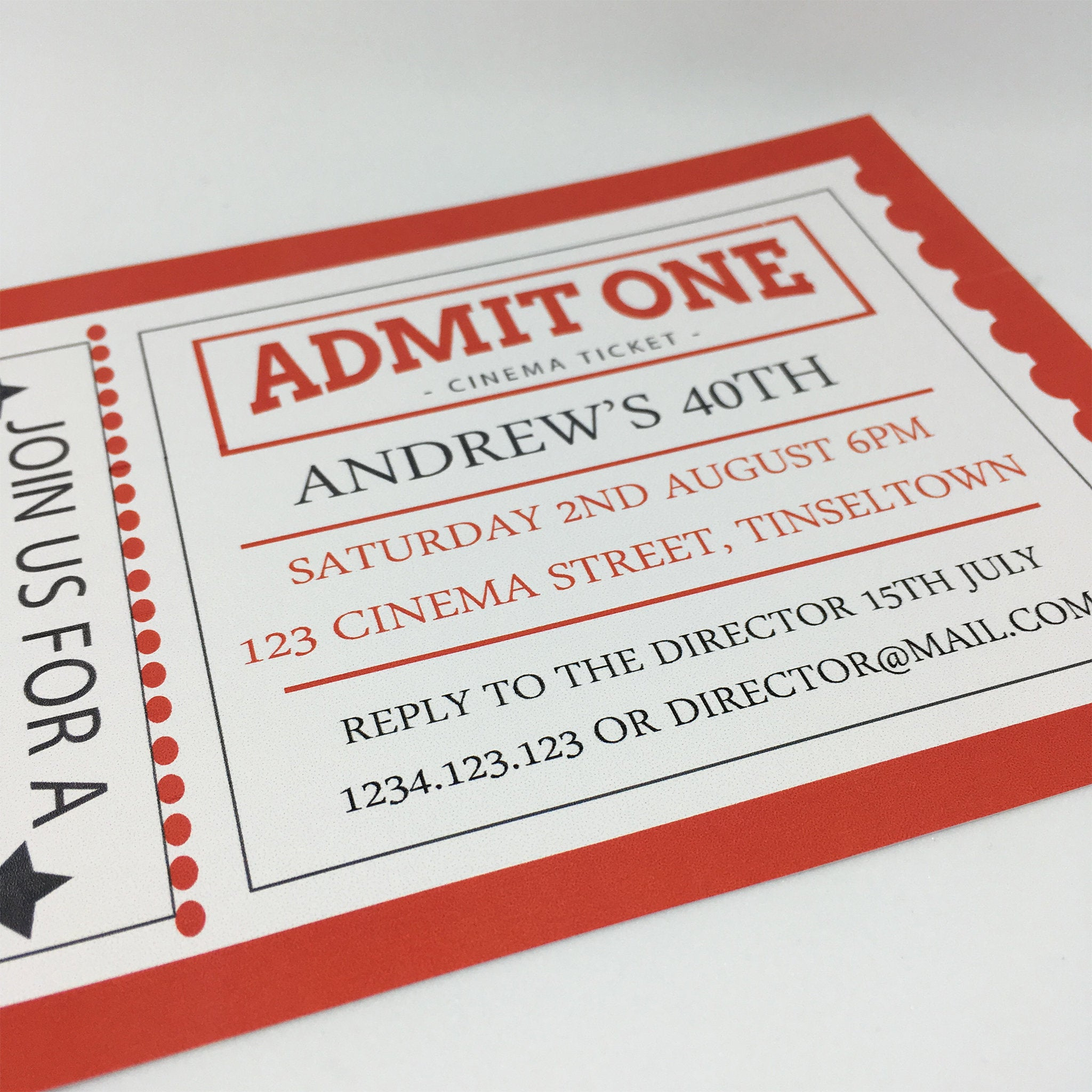 Cinema Ticket Printable Party Invitation Template 5x7in Red Etsy for dimensions 2048 X 2048