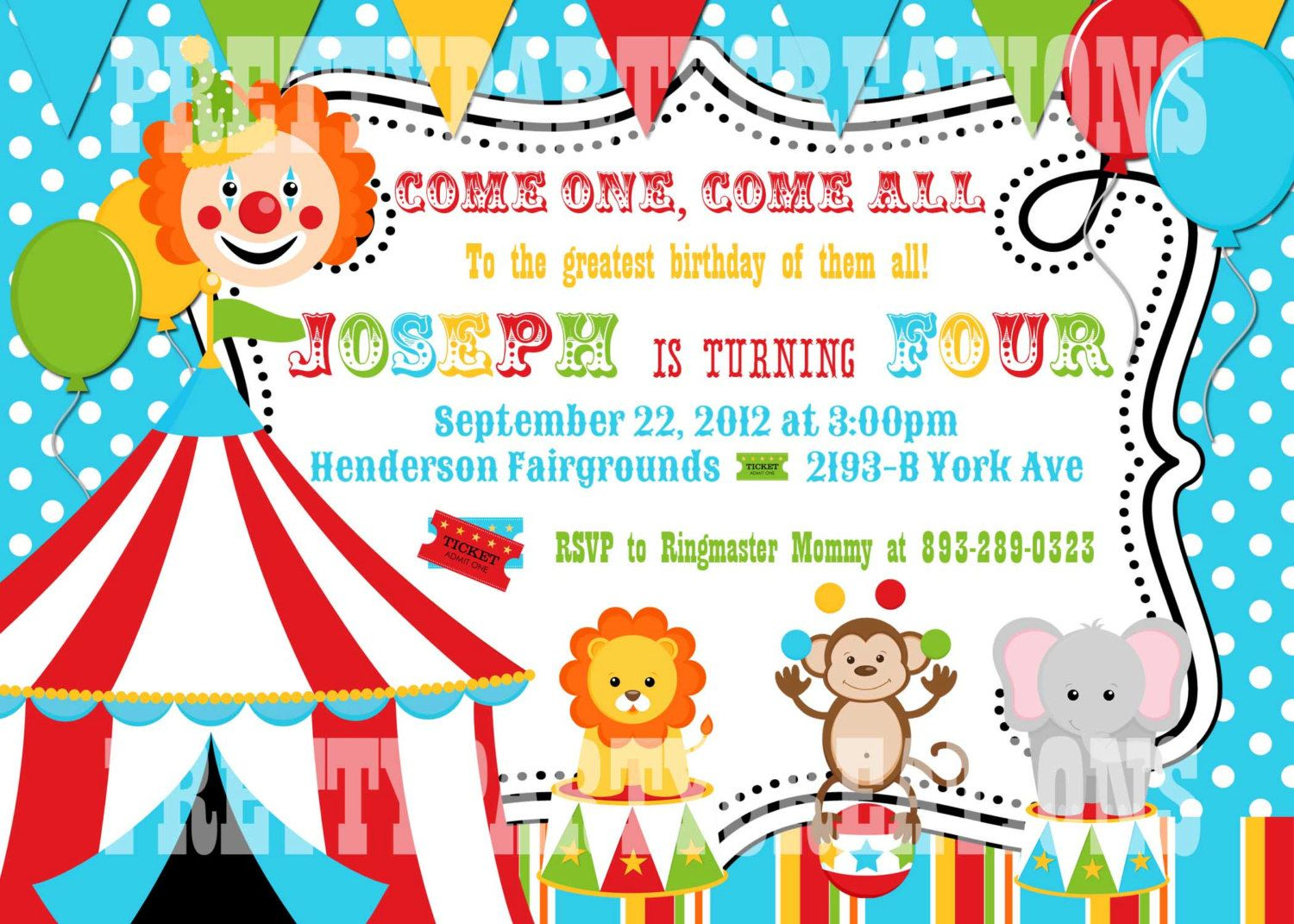 Colorful Circus Birthday Invitation You Print Digital File In throughout size 1500 X 1071