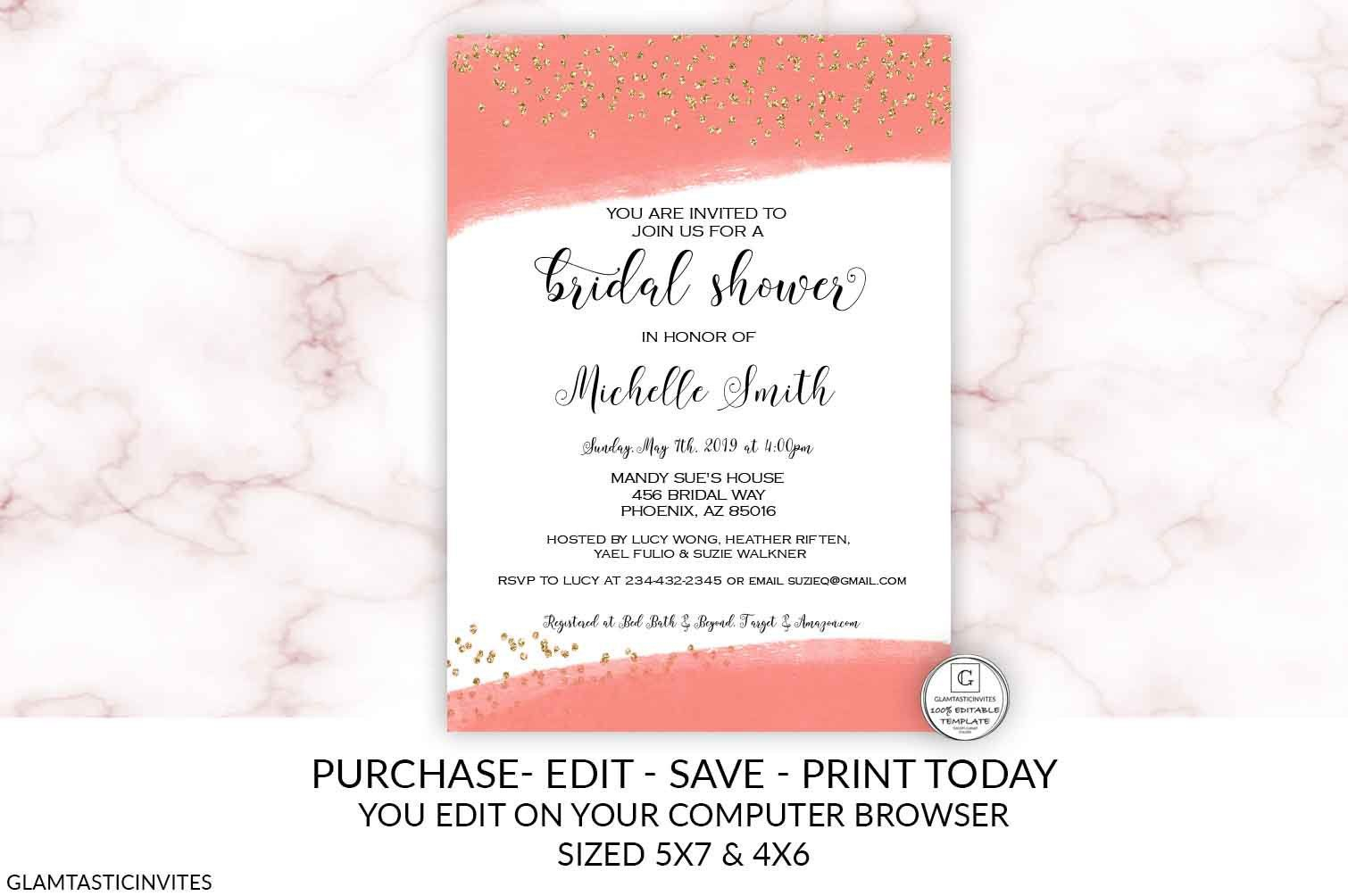 Coral Gold Bridal Shower Invitation Editable Printable Watercolor in dimensions 1510 X 1004