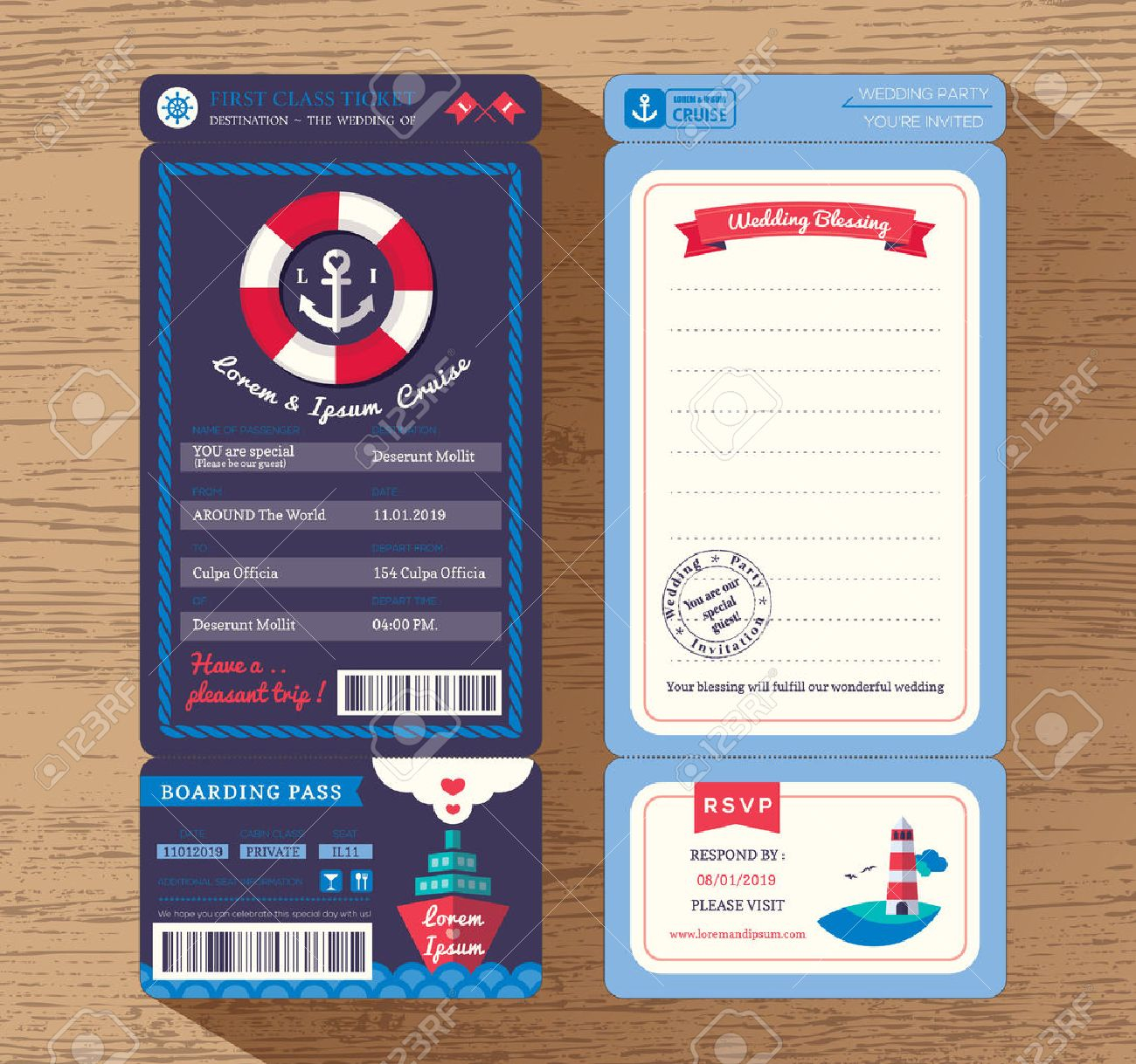 Cruise Ship Boarding Pass Ticket Wedding Invitation Design Template with size 1300 X 1219