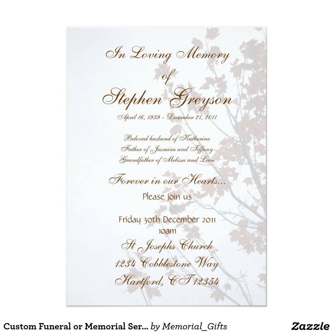 Custom Funeral Or Memorial Service Announcement 5 X 7 Invitation throughout sizing 1104 X 1104